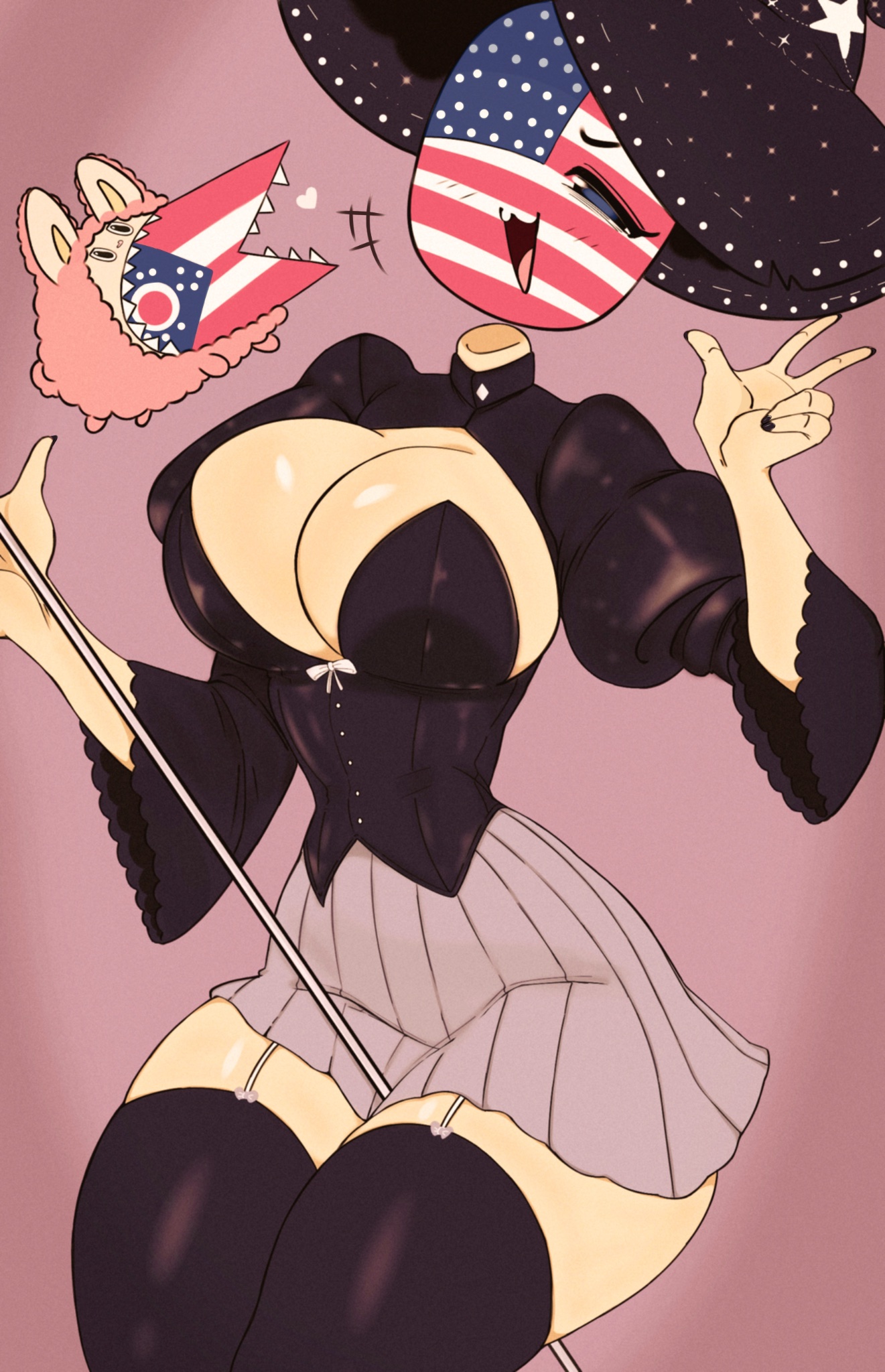 countryhumans, countryhumans girl, cute, flawsy, halloween, labubu, legs together, ohio (countryhumans), peace sign, pop mart, ridiculous proportions, simple background, statehumans, tagme, the monsters, united states of america (countryhumans), witch, witch costume