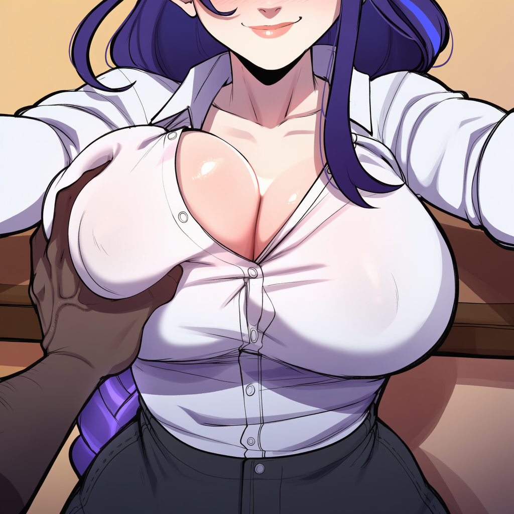 1boy, ai generated, ass focus, big ass, big breasts, big butt, breasts, breasts focus, bubble butt, curvy, dark skin, dark-skinned male, female, genshin impact, grabbing, grabbing breasts, groping, huge ass, interracial, large ass, large breasts, male, narrow waist, purple eyes, purple hair, raiden shogun, soujii, thick thighs, wide hips