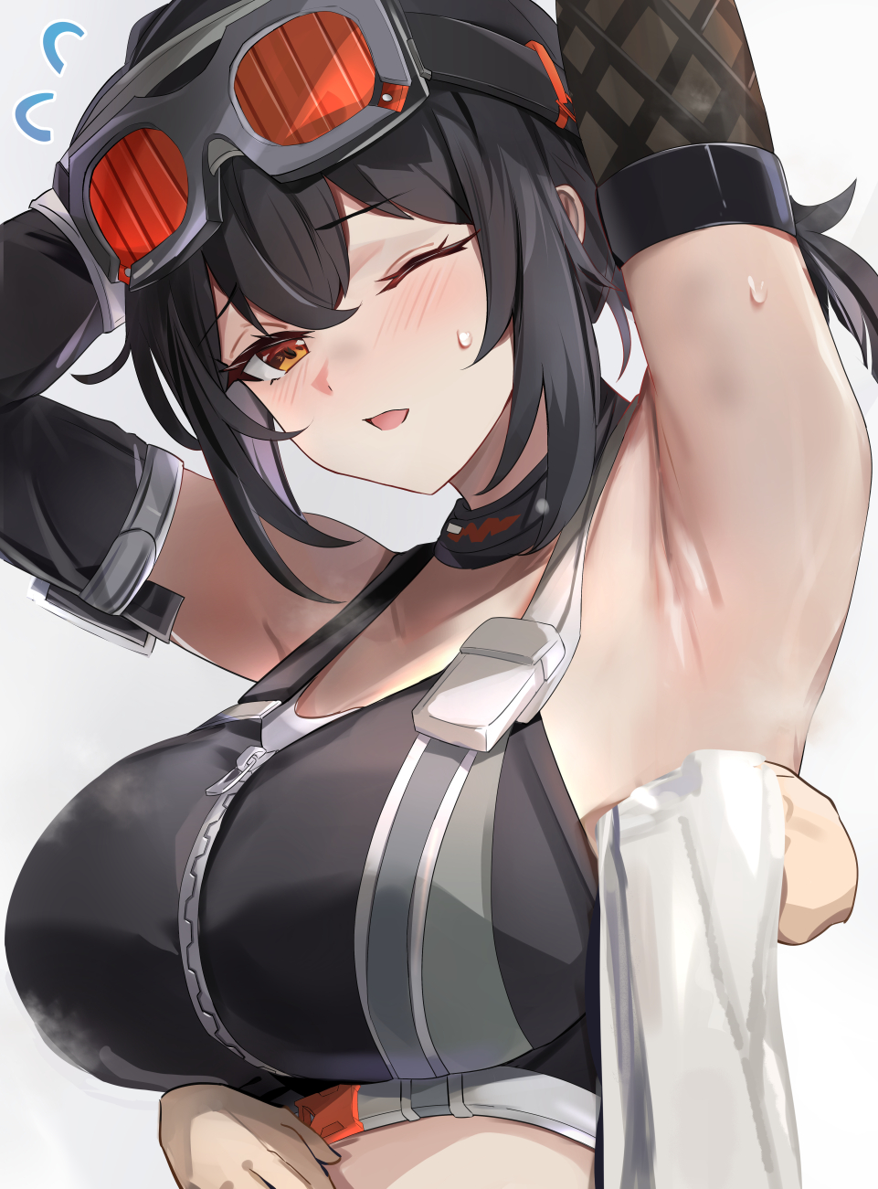 1other, ambiguous gender, armpits, arms behind head, bare shoulders, black choker, black gloves, black hair, blush, breasts, choker, commentary request, crop top, disembodied hand, female, flying sweatdrops, gloves, goggles, goggles on head, grace howard, hair between eyes, highres, holding, holding towel, large breasts, long hair, looking at viewer, one eye closed, open mouth, red eyes, sweat, tomas (kaosu22), towel, upper body, white background, wiping sweat, zenless zone zero