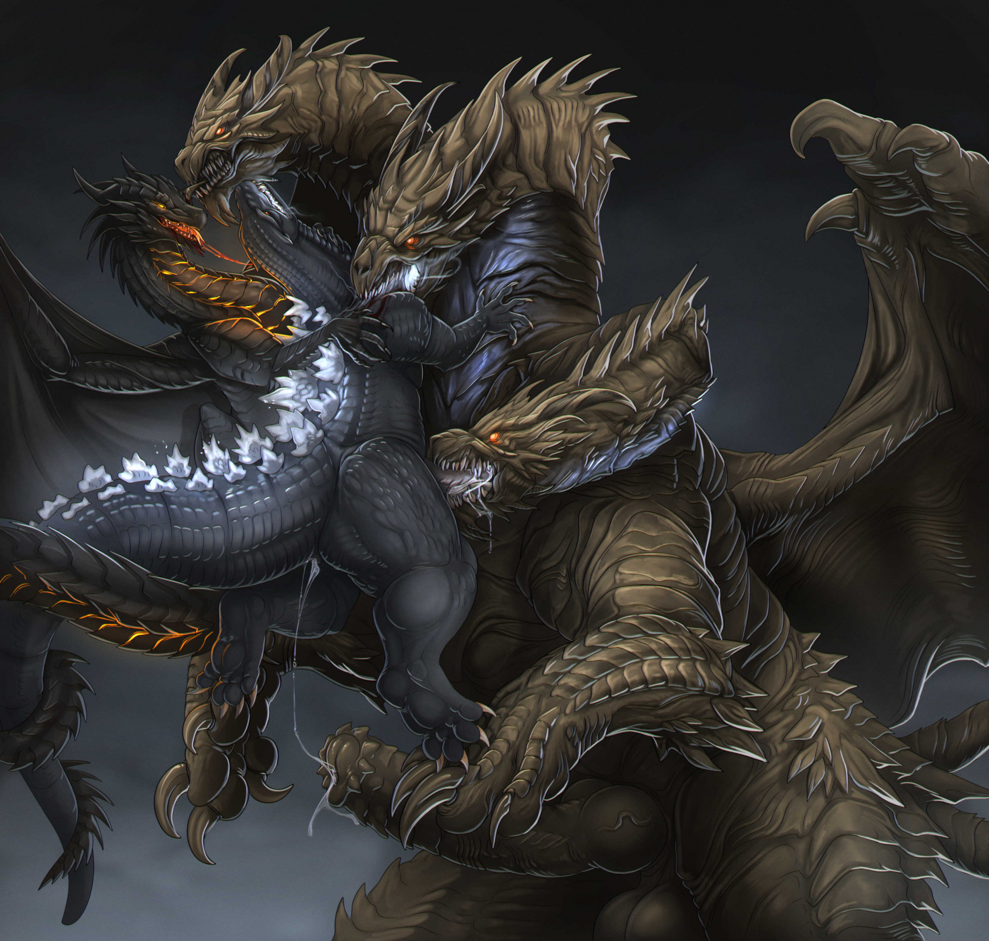 anal, anal sex, ass, balls, big balls, big penis, biped, claws, creepy gun, digital media (artwork), dubious consent, duo, fangs, feral, feral on feral, feral penetrated, feral penetrating, feral penetrating feral, from behind position, genitals, ghidorah (species), godzilla, godzilla (series), hi res, kaiju, keizer ghidorah, larger male, male, male penetrated, male penetrating, male penetrating male, male/male, membrane (anatomy), membranous wings, penetration, penile, penile penetration, penis, penis in ass, scalie, sex, sharp teeth, size difference, smaller male, tagme, teeth, toe claws, toho, wings