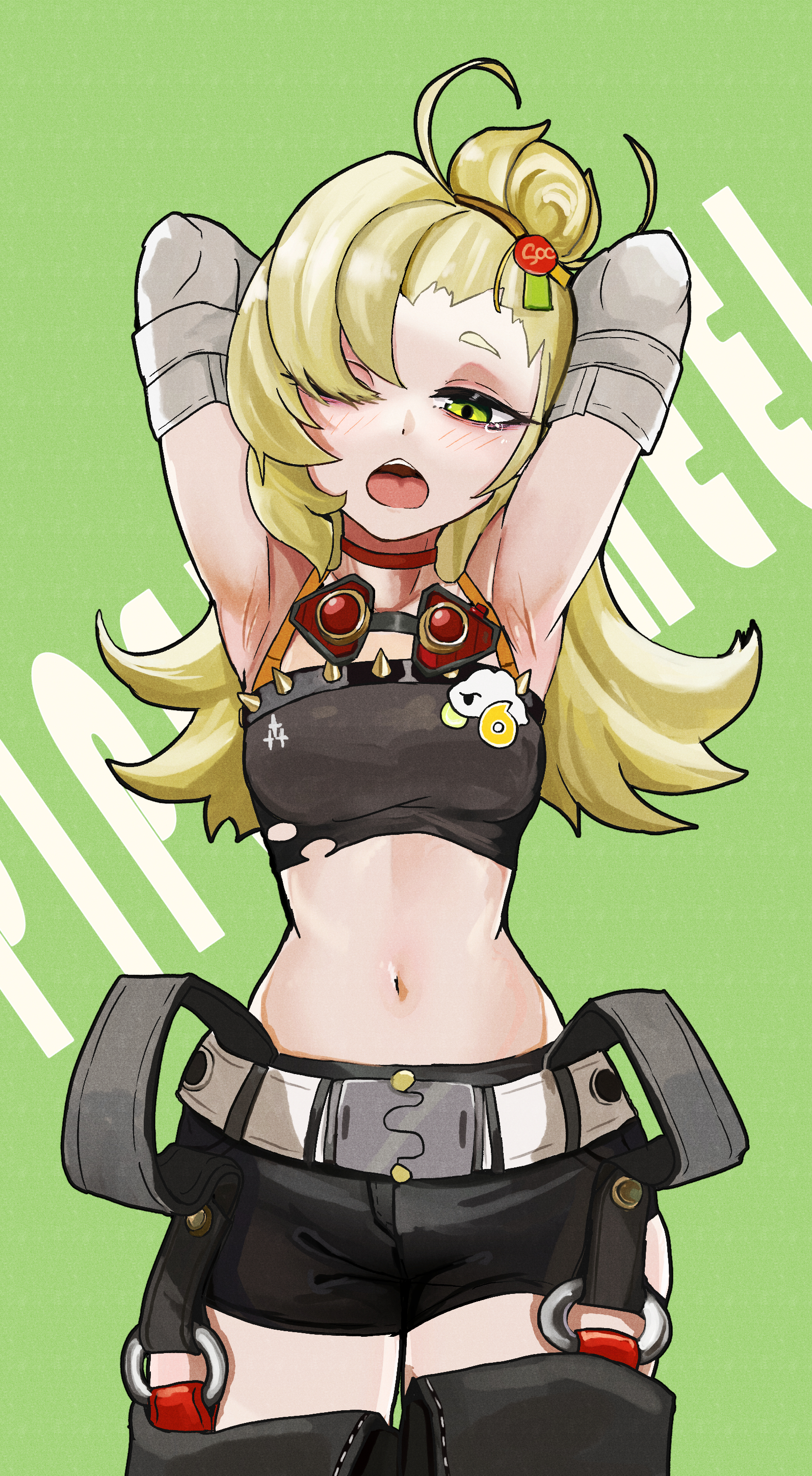 1girls, absurdres, armpits, arms behind head, arms up, belt, black shorts, blonde hair, breasts, character name, choker, commentary, cowboy shot, crop top, detached sleeves, english commentary, female, goggles, goggles around neck, green background, green eyes, hair bun, hair over one eye, highres, kure (otakami999), long hair, looking at viewer, navel, open mouth, piper wheel, red choker, shorts, simple background, single hair bun, solo, stomach, tearing up, white belt, zenless zone zero