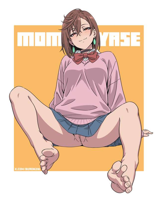 1girls, ayase momo, barefoot, blush, brown eyes, brown hair, brown-haired female, buronjin, censored, dandadan, feet, female, gyaru, hair, light skin, light-skinned female, mosaic censoring, pussy, school uniform, short hair, short skirt, skirt, soles, solo, solo female, text, toes, uncensored, vagina