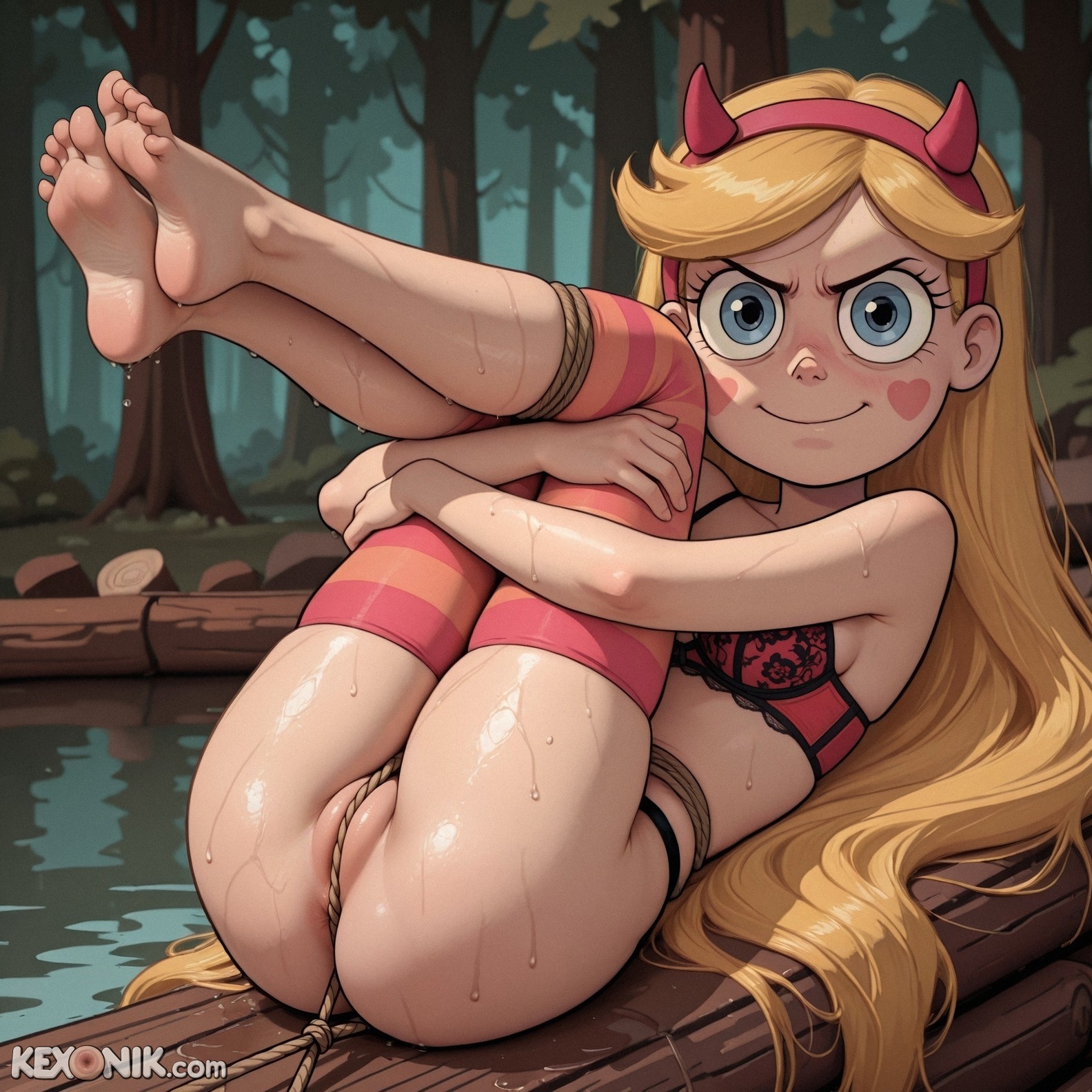 1girls, ai generated, angry, barefoot, between labia, big, big eyes, blonde hair, blue eyes, blush stickers, cleft of venus, closed mouth, covered, crotch rope, fat mons, female, frown, hairband, horned hairband, huge ass, hugging own legs, innie pussy, kexonik, legs up, lingerie, long legs, looking at viewer, on back, puffy pussy, pussy, side view, skindentation, smile, solo, star butterfly, star vs the forces of evil, striped pantyhose, together, very long hair, wet