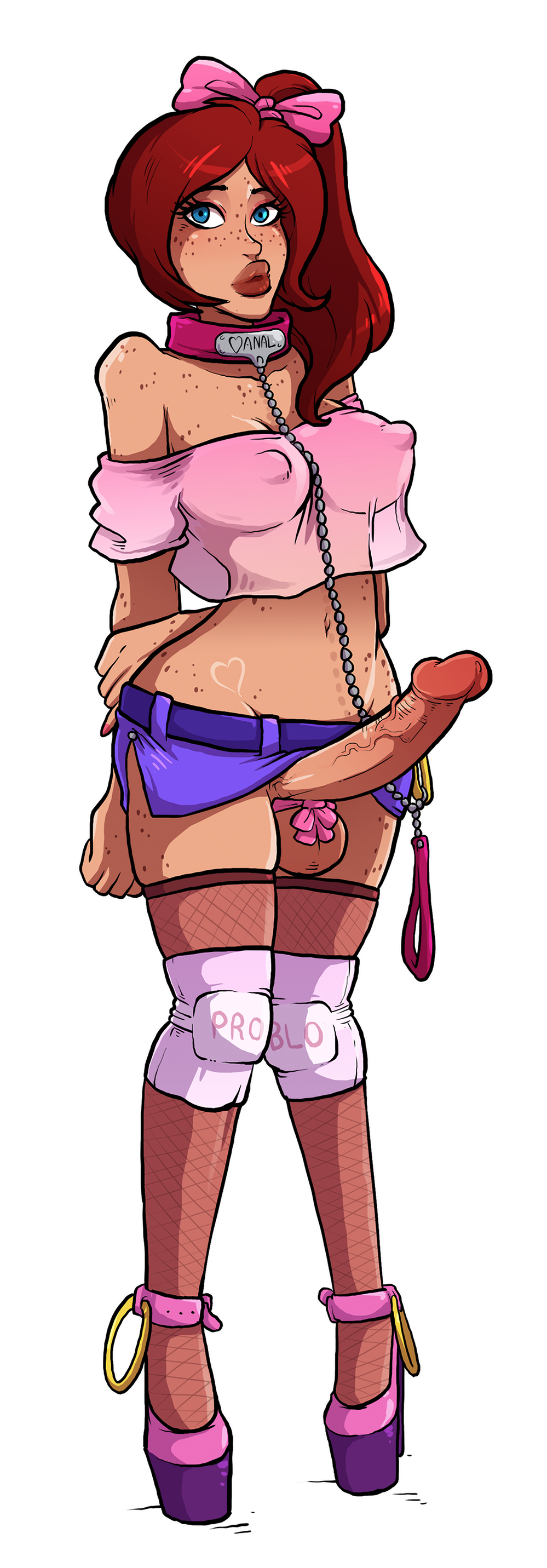 1futa, anal-ysa (sparrow), balls, bimbo, blue eyes, breasts, brown hair, chains, cleavage, clothes, collar, curvy, erect nipples, erection, erection under clothes, erection under skirt, eyeshadow, fishnet, fishnet stockings, freckles, futa only, futanari, futasub, ginger, hair, hair ribbon, high heels, hourglass figure, huge penis, intersex, knee pads, large balls, large breasts, leash, lipstick, makeup, microskirt, miniskirt, nipple bulge, nipples, no bra, no panties, original, penis, penis out, penis ribbon, penis under clothes, penis under skirt, ponytail, red hair, ribbon, see-through, skimpy, skirt, skirt lift, solo, sparrow (artist), standing, thick lips, thighhighs, tied hair, veiny, veiny penis