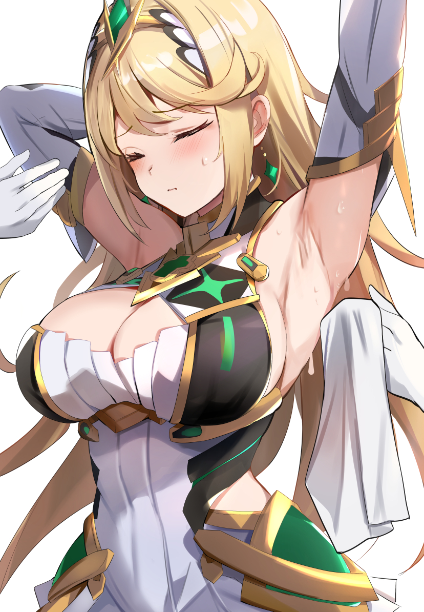 armpits, arms up, blonde hair, blush, breasts, chest jewel, cleavage, closed eyes, dress, elbow gloves, female, gloves, headpiece, large breasts, mythra, mythra (xenoblade), simple background, sleeveless, sleeveless dress, solo focus, tiara, tomas (kaosu22), white background, white dress, xenoblade chronicles (series), xenoblade chronicles 2