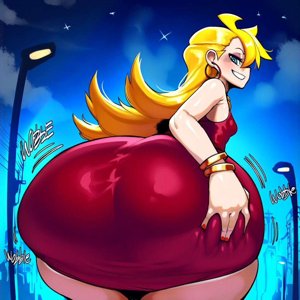 ai, ai art, ai assisted, ai generated, ass grab, donbeboys, female, huge ass, looking at viewer, looking back, panty & stocking with garterbelt, panty anarchy