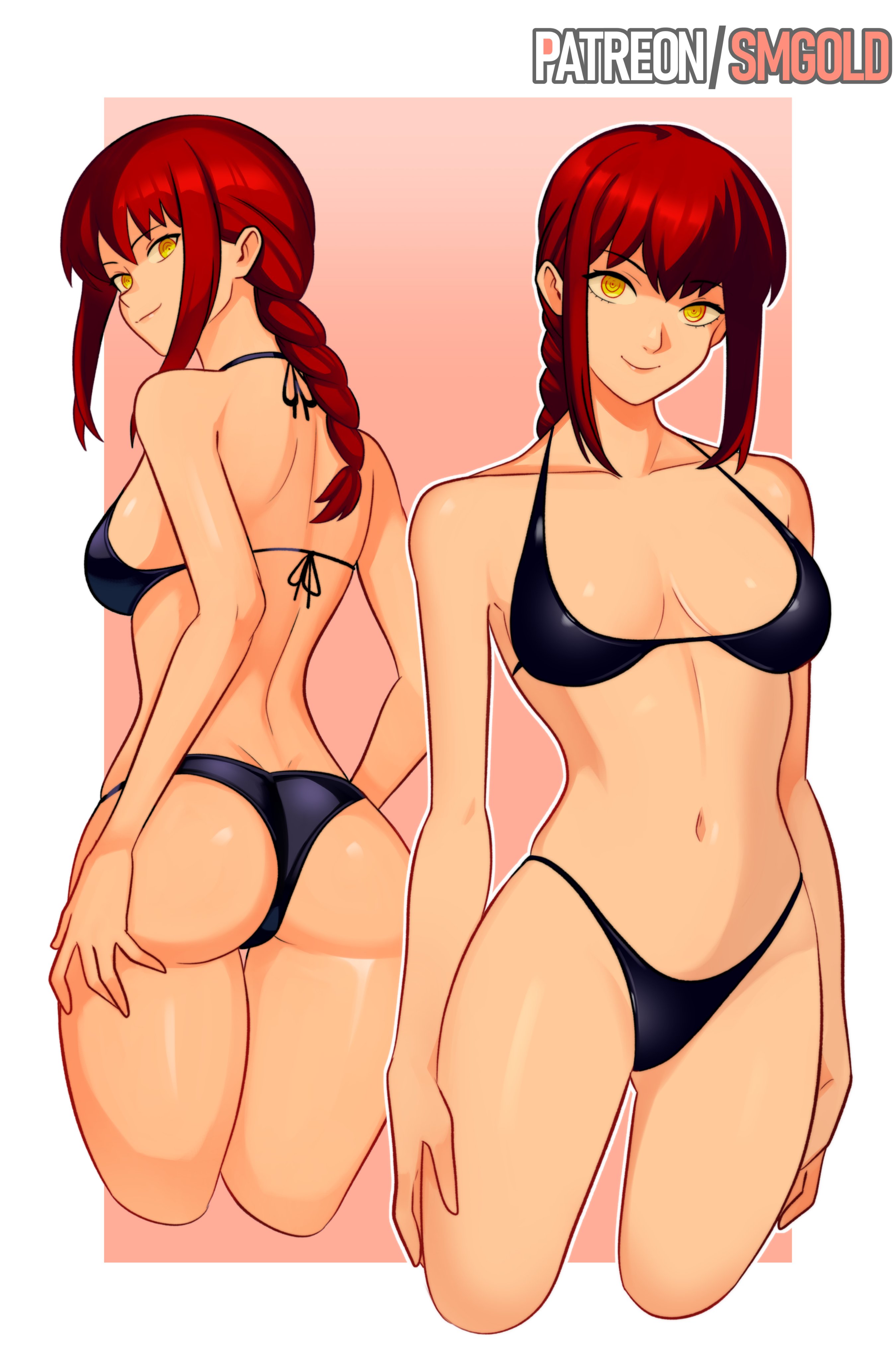 1girls, ass, ass shot, back, back view, backboob, big ass, big breasts, bikini, bikini bottom, bikini top, black bikini, bottomwear, braid, braided hair, breasts, chainsaw man, cleavage, female, female only, hair, looking back, makima (chainsaw man), multiple views, red hair, smgold, smile, solo, solo female, swimwear, thighs, topwear, yellow eyes