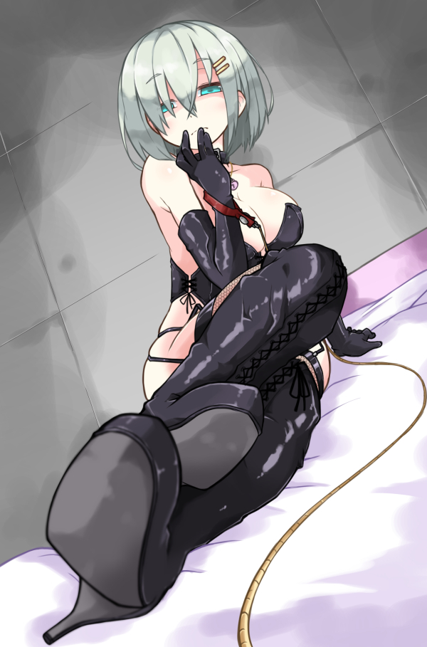 aqua_eyes black_boots black_bra black_gloves black_legwear black_panties boots bra breasts bustier cross-laced_footwear dominatrix elbow_gloves female gin_(shioyude) gloves gradient_background hamakaze_(kantai_collection) high_heel_boots high_heels kantai_collection lace-up_boots lingerie looking_at_viewer panties short_hair silver_hair sitting solo thigh_boots thighhighs underwear whip