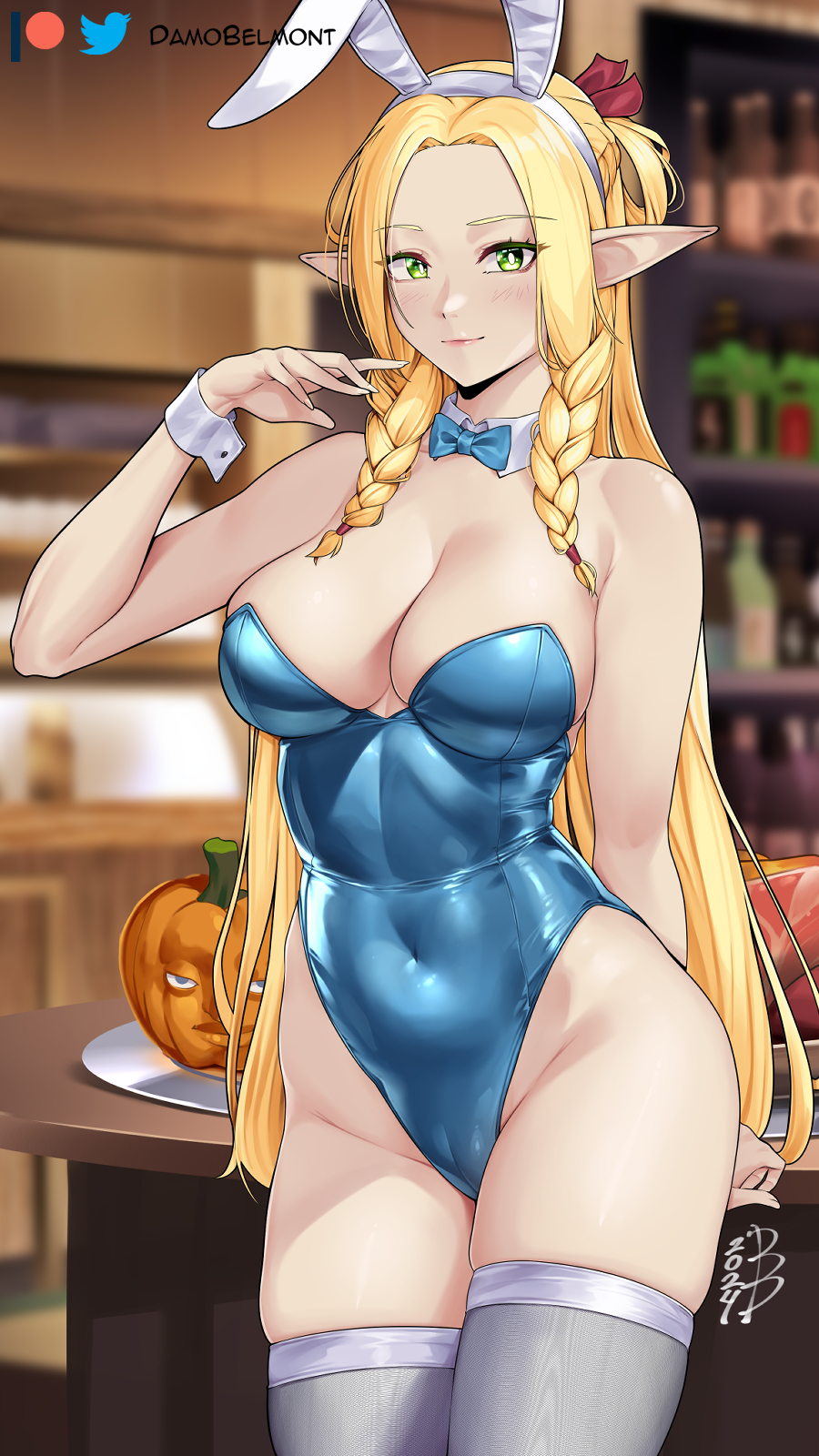 animal ears, blonde hair, blue bow, blue bowtie, blue leotard, blurry, blurry background, bow, bowtie, braid, breasts, cleavage, closed mouth, covered navel, damobelmont, detached collar, dungeon meshi, elf, fake animal ears, female, green eyes, grey thighhighs, highleg, highleg leotard, highres, indoors, large breasts, leotard, light smile, long hair, looking at viewer, marcille donato, playboy bunny, pointy ears, pumpkin, rabbit ears, signature, solo, thighhighs, twin braids, white wrist cuffs, wrist cuffs