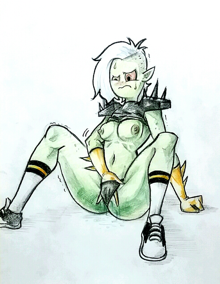 alien alien_girl areolae arm_support black_panties blush breasts clothes converse elbow_gloves female female_only fingering gloves green_skin kneesocks legwear long_hair lord_dominator masturbation medium_breasts navel nipples no_nose panties pointy_ears shirt_life shoes shoulder_pads side_shave simple_background sitting sketch sneakers socks spikes sweat trembling underwear vaginal_masturbation wander_over_yonder white_background white_hair