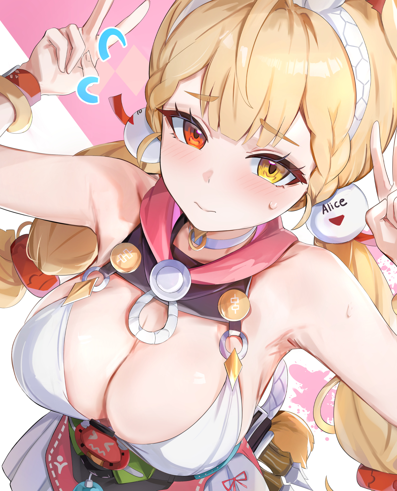 alice thymefield, alice thymefield (sea of thyme), armpits, blonde hair, blush, breasts, double v, dress swimsuit, female, from above, hair ornament, hairband, heterochromia, highres, large breasts, long hair, looking at viewer, low twintails, my lady, official alternate costume, paid reward available, rabbit girl, rabbit tail, red eyes, solo, sphere hair ornament, sweatdrop, tail, thiren, tomas (kaosu22), twintails, v, variant set, video game character, white hairband, yellow eyes, zenless zone zero