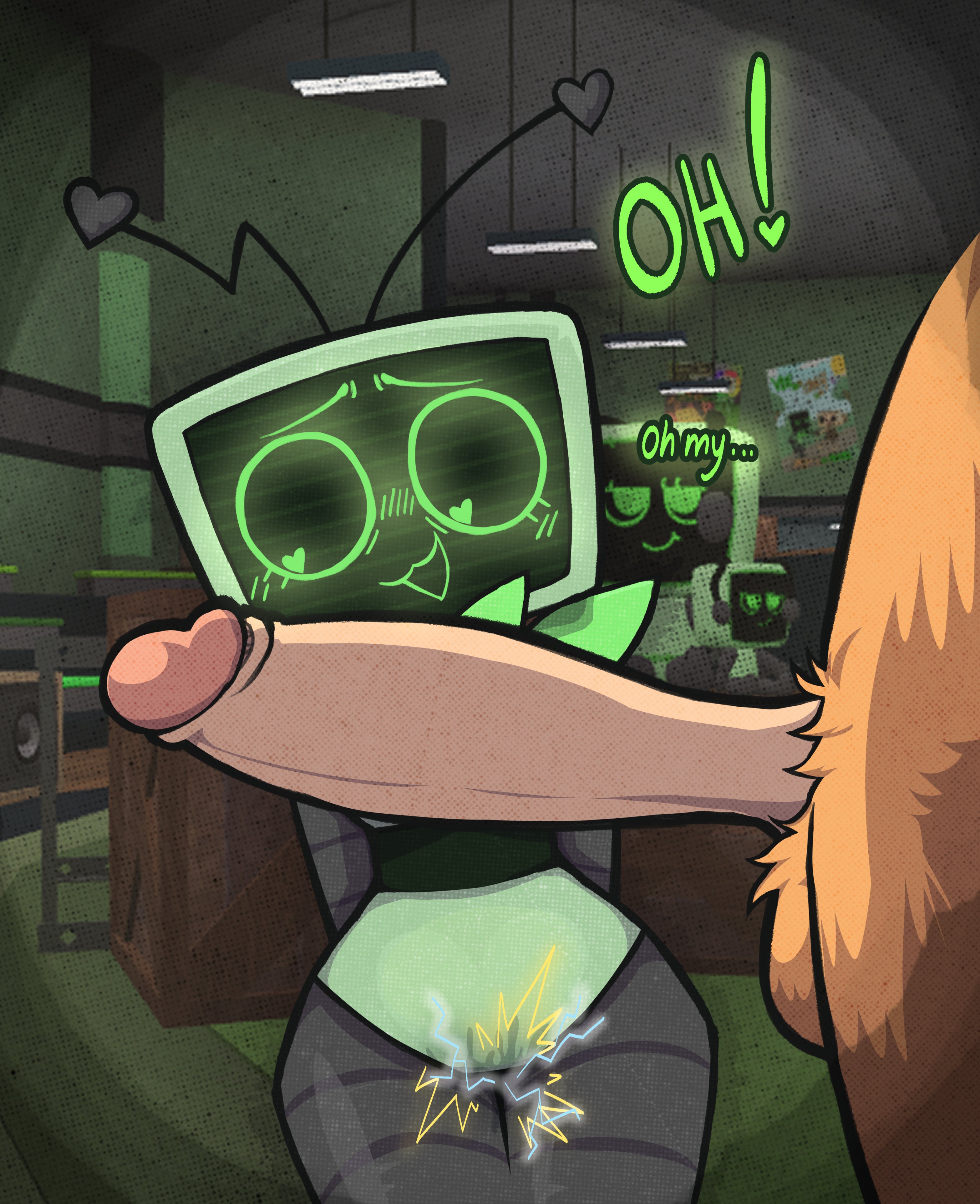 1boy, 1boy1girl, 1girls, awe, beige fur, black body, dandy's world, dandys world, dialogue, female, goob (dandy's world), green body, gyattatonic, heart-shaped pupils, hi res, hung, hyper, hyper penis, in awe, male, multicolored body, penis, probably stinks, pussy, pussy juice, pussy juice drip, roblox, roblox game, side view, size comparison, t, tagme, tan fur, tv, tv head, tv screen, vee (dandy's world)
