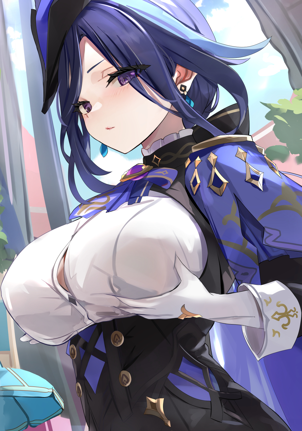 ascot, black corset, blue cape, blue hair, breast lift, breasts, button gap, cape, clorinde (genshin impact), commentary request, corset, dark blue hair, earrings, epaulettes, female, floating earrings, fold-over gloves, framed breasts, genshin impact, gloves, grabbing own breast, hat, highres, jewelry, large breasts, lifting own clothes, long hair, looking at viewer, multicolored hair, object on breast, outdoors, purple ascot, purple eyes, revision, shirt, solo, streaked hair, tomas (kaosu22), tricorne, vision (genshin impact), white gloves, white shirt