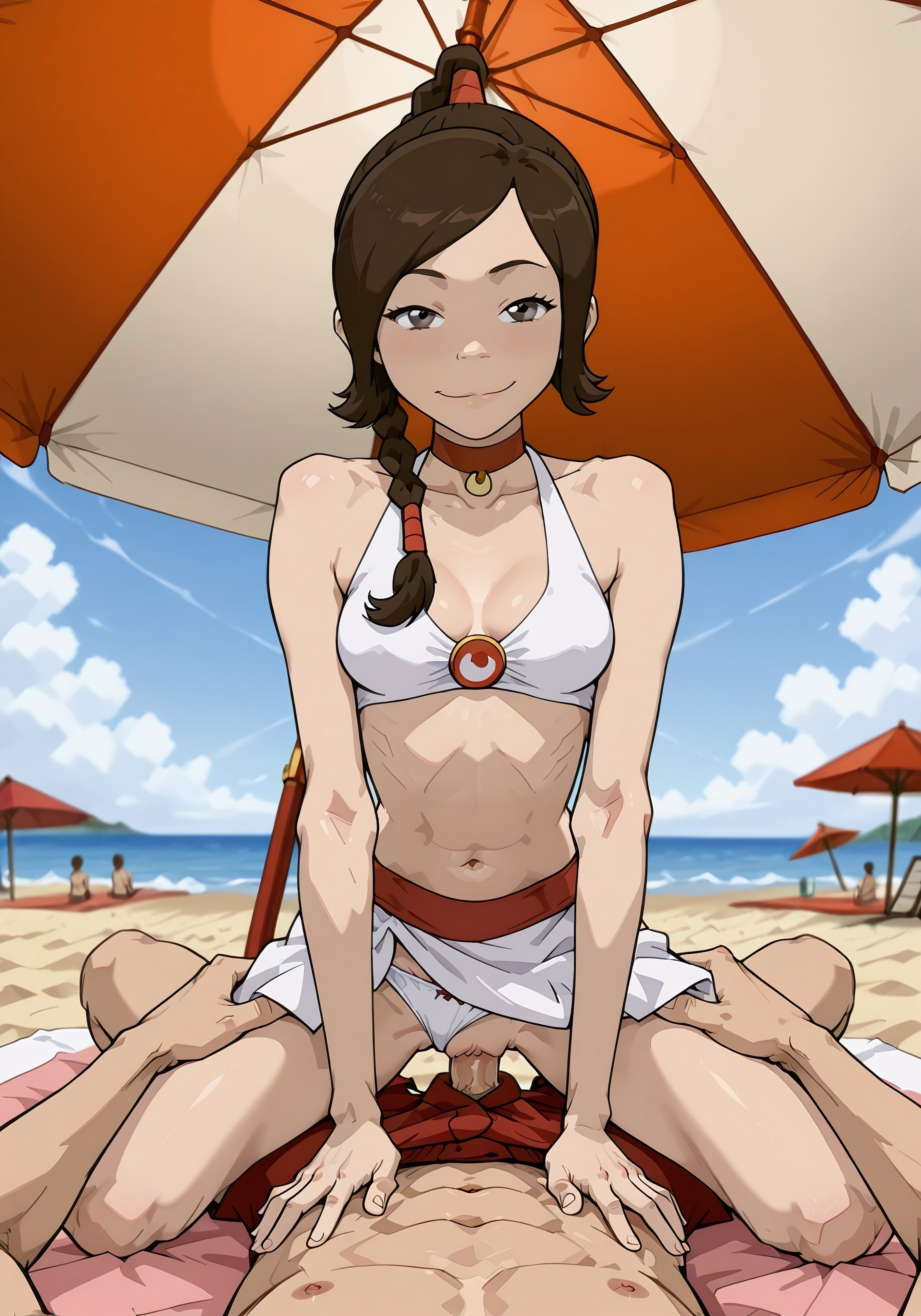 1boy, 1girls, ai generated, avatar the last airbender, beach, bikini, bikini bottom aside, bikini top, brown eyes, brown hair, exposed pussy, female, looking at viewer, male, nickelodeon, panties aside, petite body, pov, public, pussy, sarong, sex, straddling, ty lee, vagina, vaginal penetration