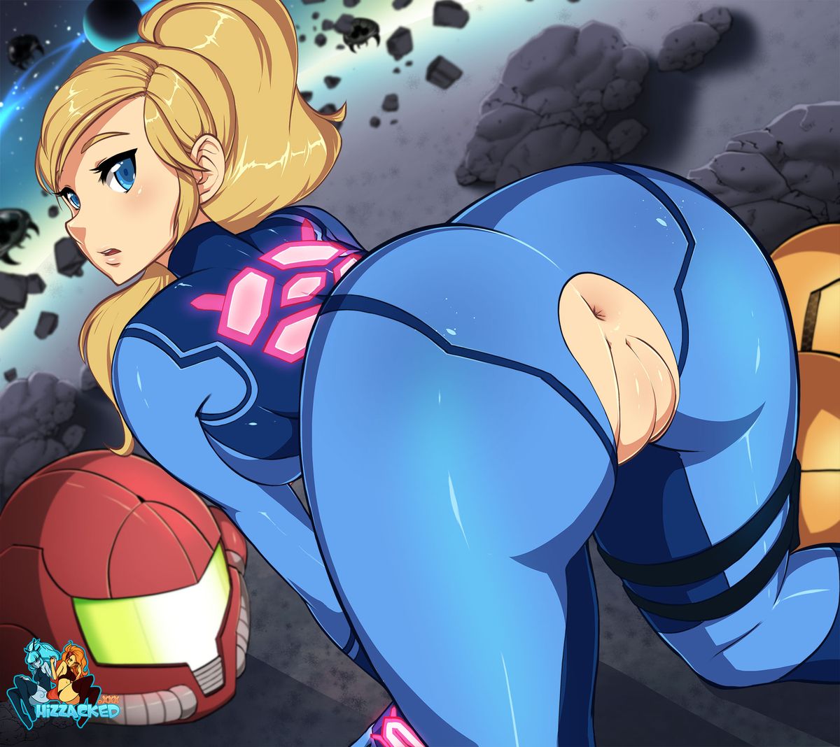 1girls, all fours, anus, armor, ass, blonde hair, blue eyes, bodysuit, exposed pussy, female, female only, from behind, helmet, helmet with visor, hizzacked, looking back, metroid, nintendo, ponytail, pussy, samus aran, solo, tied hair, uncensored, varia suit, varia suit helmet, zero suit, zero suit samus