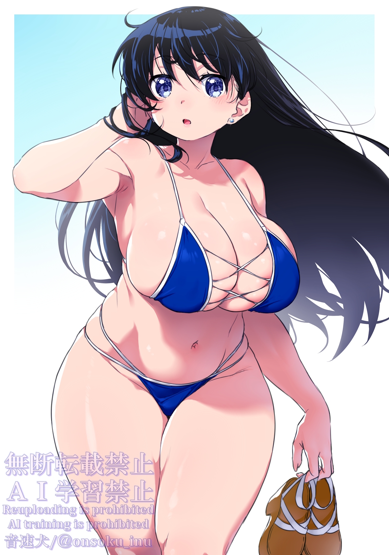 arato nagi, bikini, black hair, blue bikini, breasts, cleavage, cross-laced bikini, cross-laced clothes, earrings, feet out of frame, female, highres, jewelry, large breasts, long hair, looking at viewer, onsoku inu, purple eyes, ruri no houseki, shoes, solo, standing, stud earrings, swimsuit, unworn shoes, watermark