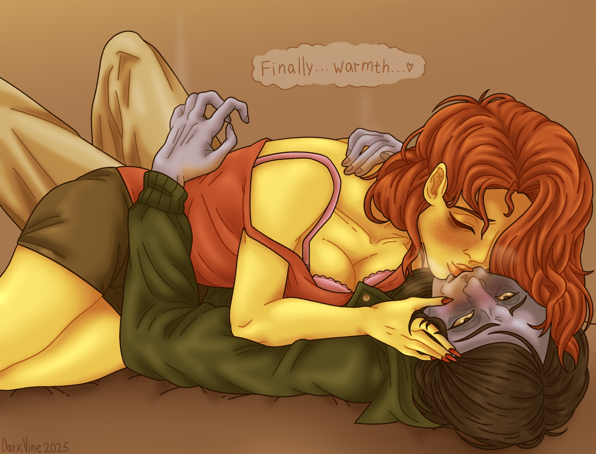 1boy, 1girls, blue body, blue skin, blush, bra cups sticking out, breast press, breasts, breath, cleavage, coat guy (no, i'm not a human), darkvine, english text, female, female on top, kissing, long hair, lying on person, male, no, i'm not a human, on back, orange hair, seductive woman (no, i'm not a human), tank top, yellow body, yellow skin