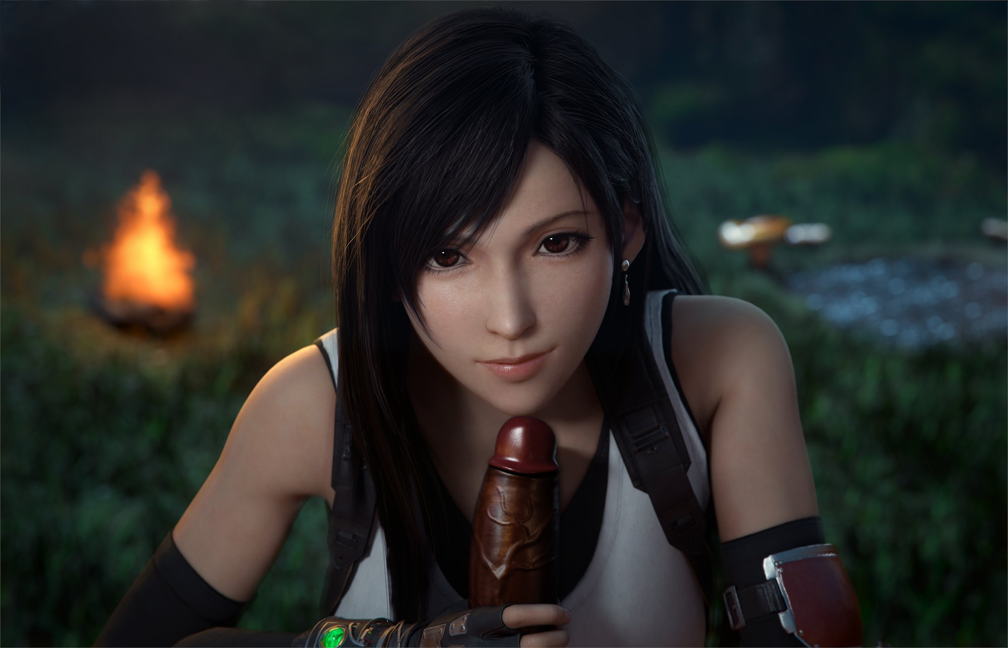 3d, black hair, dark-skinned male, final fantasy, final fantasy vii, final fantasy vii remake, gloved handjob, gloves, handjob, interracial, looking at viewer, male, red eyes, tifa lockhart
