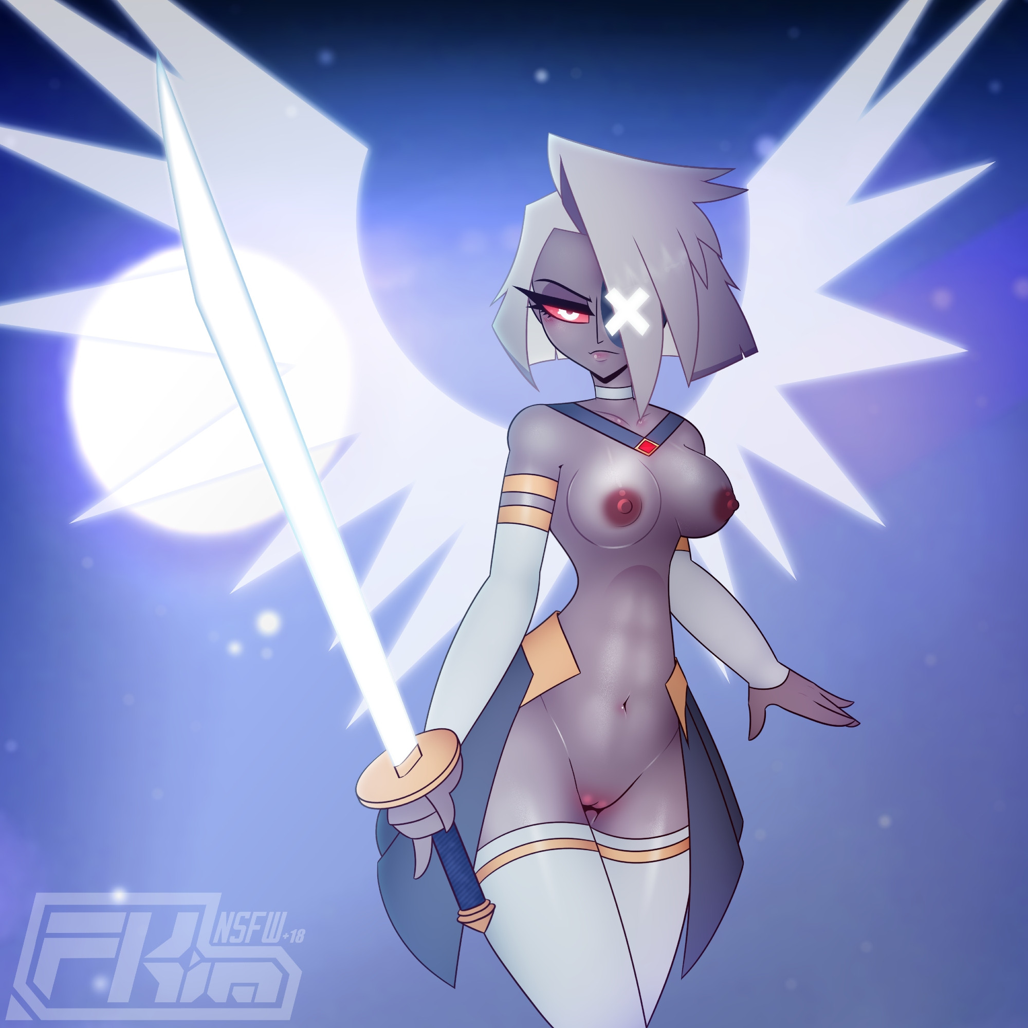 angel, angel girl, angel wings, casual, casual nudity, dark skin, doesn't care, female, female only, fkimnsfw, hazbin hotel, nonsexual, nonsexual nudity, shameless, solo female, sword, vaggie (hazbin hotel), weapon