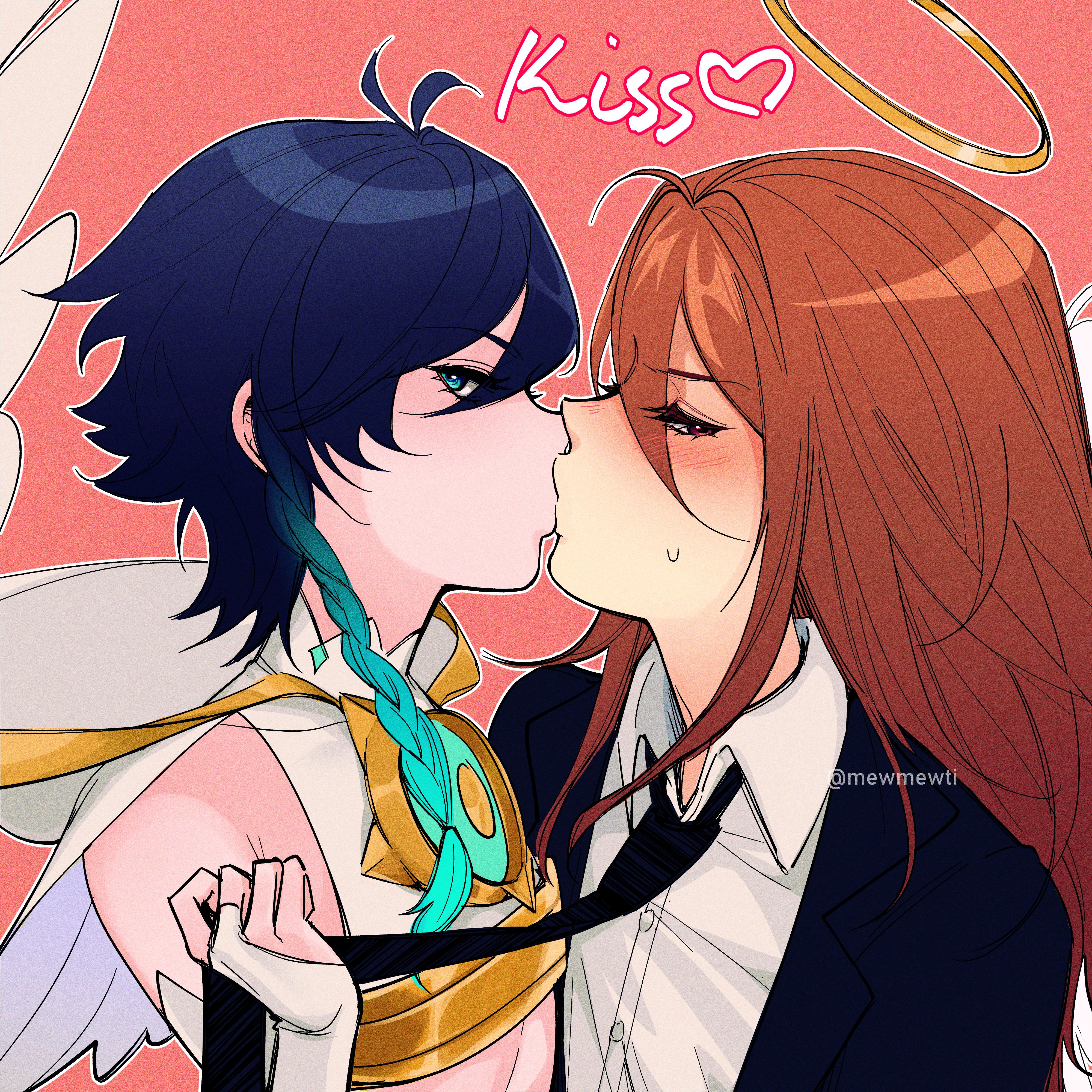 2boys, angel, angel devil (chainsaw man), angel wings, barbatos (genshin impact), blush, blush lines, chainsaw man, crack pairing, crack ship, crossover, femboy, femboy on femboy, gay, genshin impact, halo, kissing, light skin, light-skinned male, long hair, long hair male, looking at viewer, male, mewmewti, not porn, red hair, red hair male, shonen jump, short hair, short hair male, venti (genshin impact), watermark, wings, yaoi