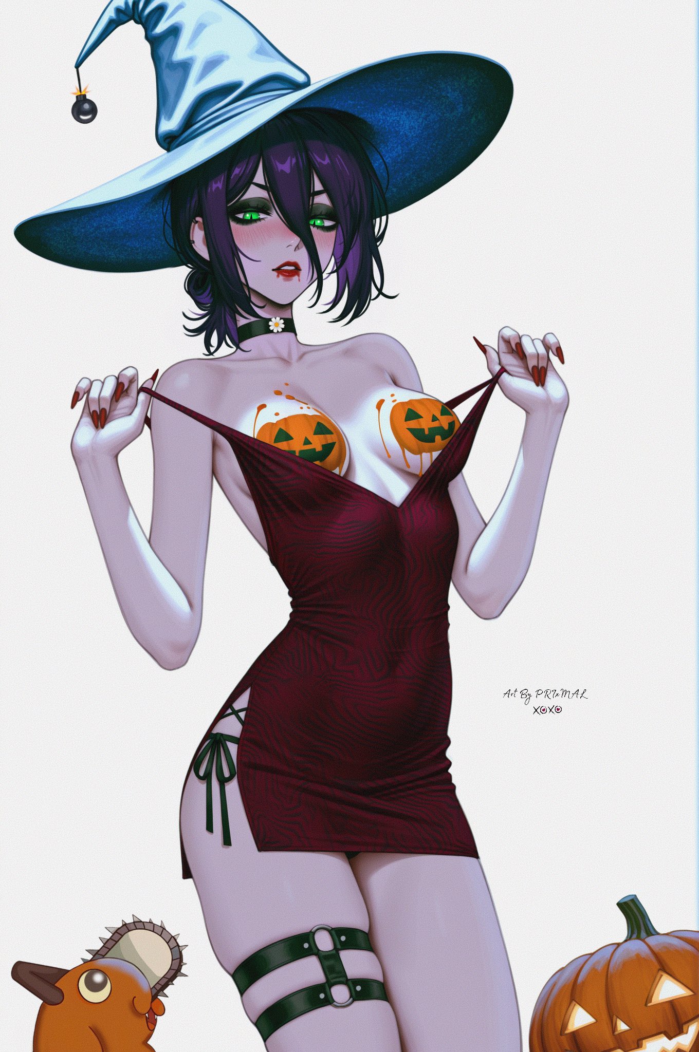 1girls, artist signature, blush, bodypaint, breasts, chainsaw man, choker, dress, ear piercing, eyeshadow, female, female focus, female only, fit female, green eyes, halloween, halloween costume, halloween decoration, hat, high resolution, hot, lips, lipstick, nail polish, no bra, pochita (chainsaw man), prixmal, pumpkin, purple hair, purple-haired female, red dress, red lipstick, red nails, reze (chainsaw man), sexy, thigh strap, thighs, tied hair, tied up, witch hat
