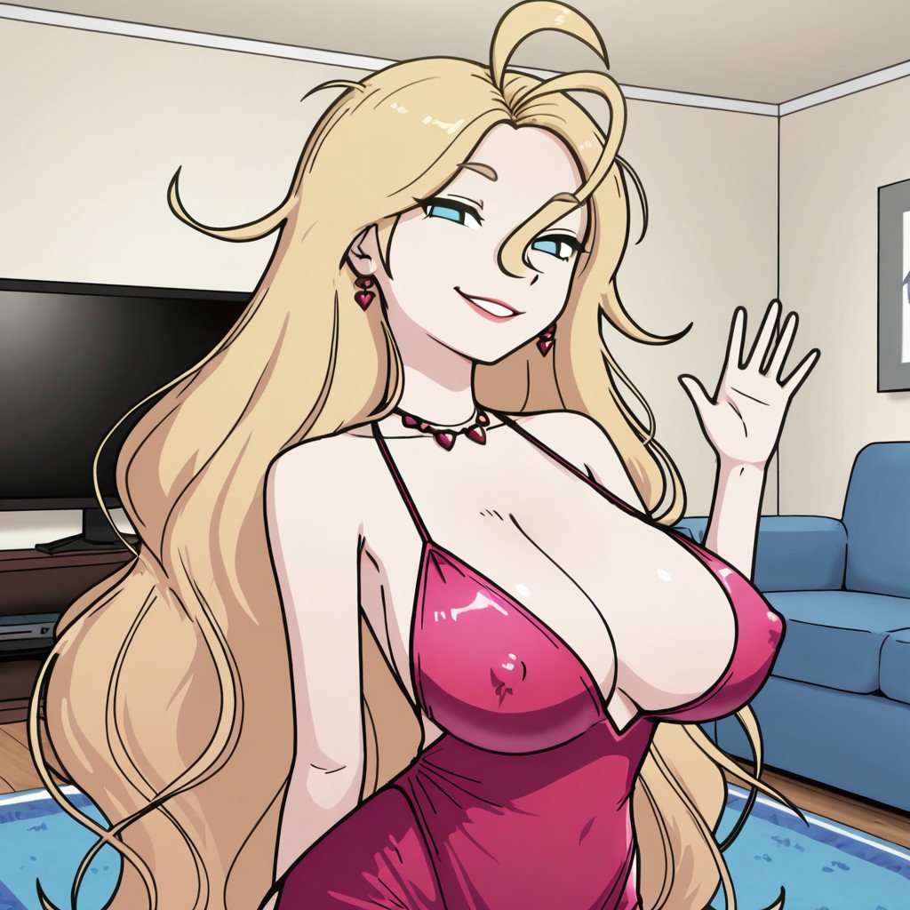 ai generated, big breasts, blonde hair, blue eyes, breasts, derpixon, female, indoors, large breasts, naughty face, valentine (derpixon)