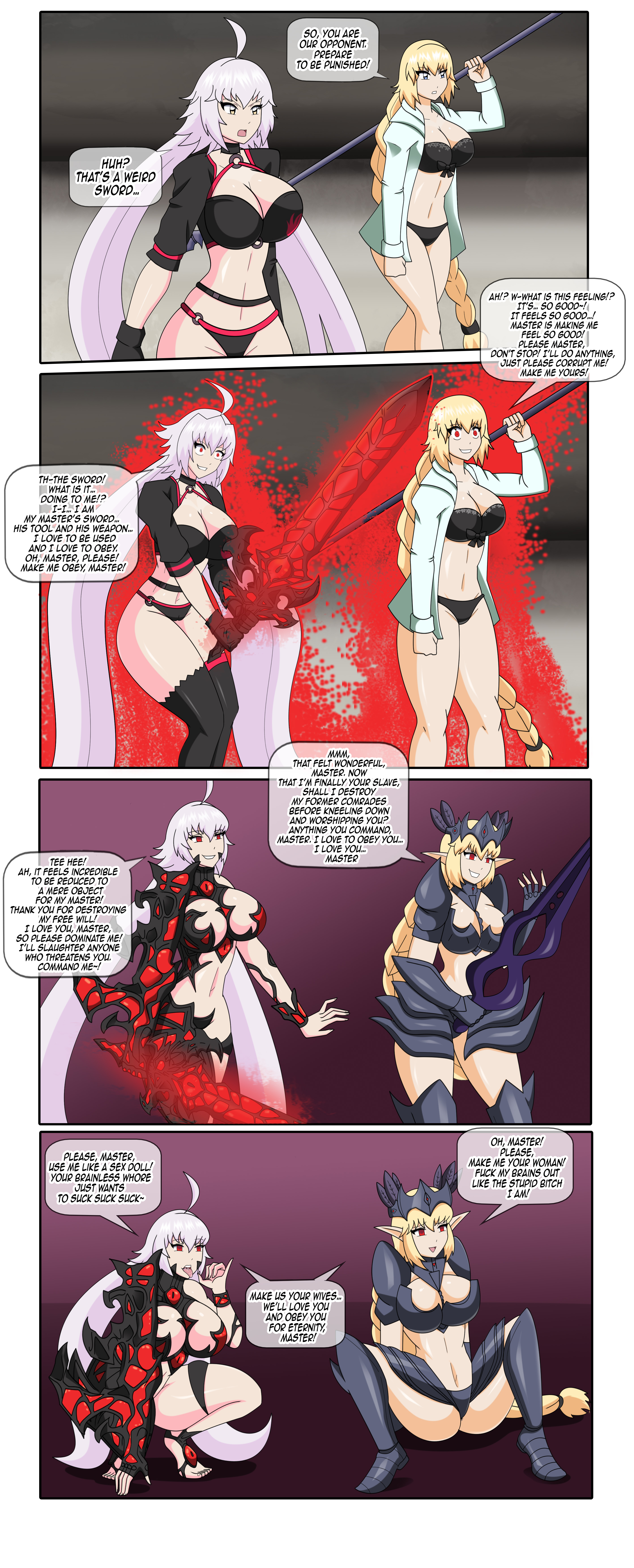 absurdres, ahoge, armor, asking for sex, aura, big breasts, blonde hair, blowjob gesture, braid, breasts, cleavage, comic, corruption, crossover, cursed sword (monster girl encyclopedia), dark valkyrie (monster girl encylpedia), dialogue, dlobo777, elf ears, english text, eye color change, fate (series), fate/apocrypha, fate/grand order, femsub, happy trance, heterochromia, huge breasts, hypnosis, jeanne alter, jeanne d'arc (fate), large breasts, legs apart, love, male pov, maledom, midriff, monster girl encyclopedia, multiple girls, multiple subs, navel, possession, pov, pov dom, red eyes, sitting, smile, speech bubble, spread legs, squatting, swimsuit, sword, text, thighs, transformation, twintails, very long hair, white hair, yellow eyes