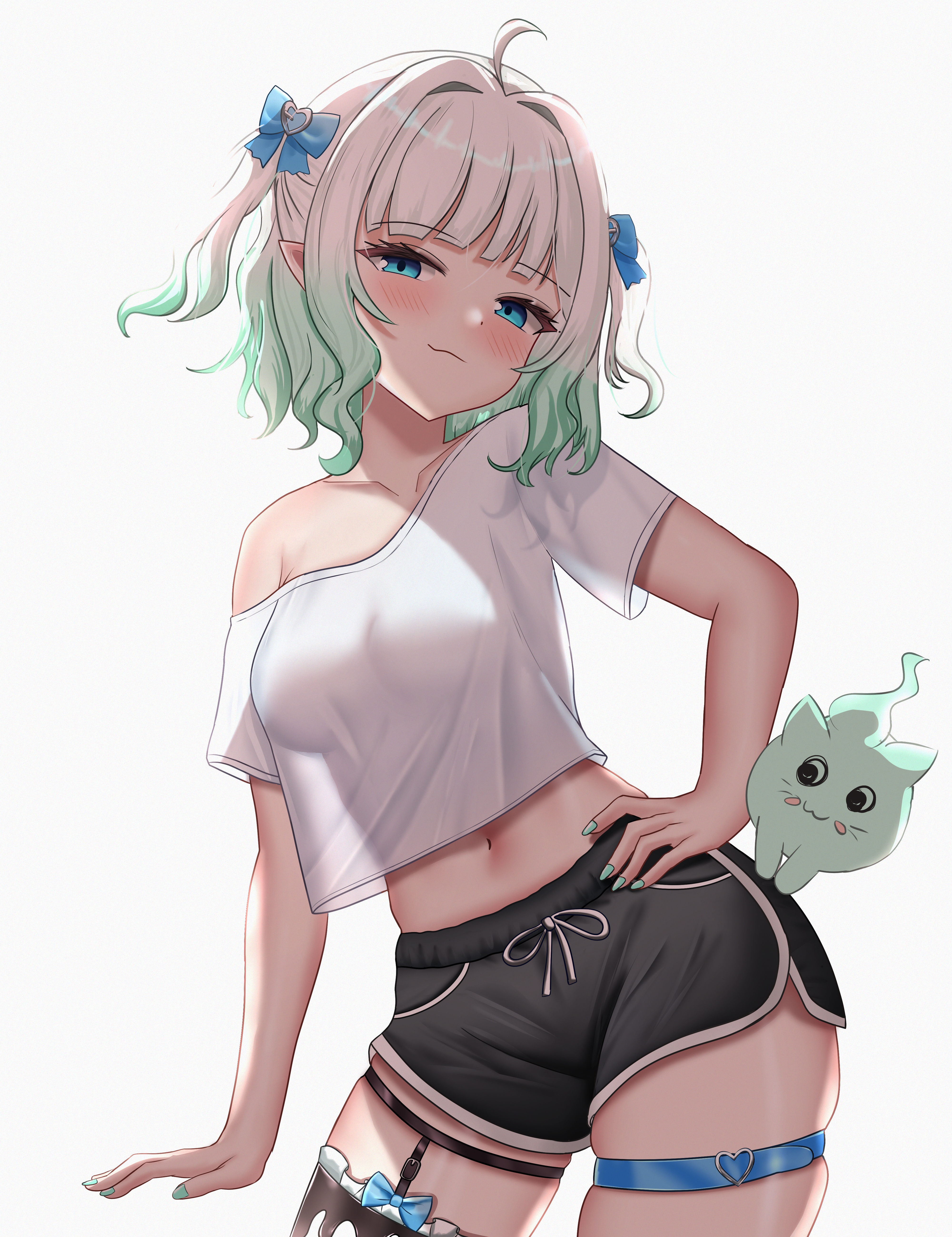1girls, absurdres, ahoge, andrl, black shorts, blue bow, blue eyes, blush, bow, breasts, closed mouth, commentary, contrapposto, cowboy shot, crop top, cropped shirt, densetsu.exe, dolphin shorts, female, gradient hair, green hair, hairbow, hand on own hip, highres, looking at viewer, medium breasts, mint fantome, multicolored hair, navel, pointy ears, shirt, short hair, short shorts, short sleeves, shorts, simple background, single bare shoulder, single off shoulder, single thighhigh, skindentation, smile, solo, thigh strap, thighhighs, thighs, two side up, virtual youtuber, vtuber, white background, white hair, white shirt, wisps (mint fantome)