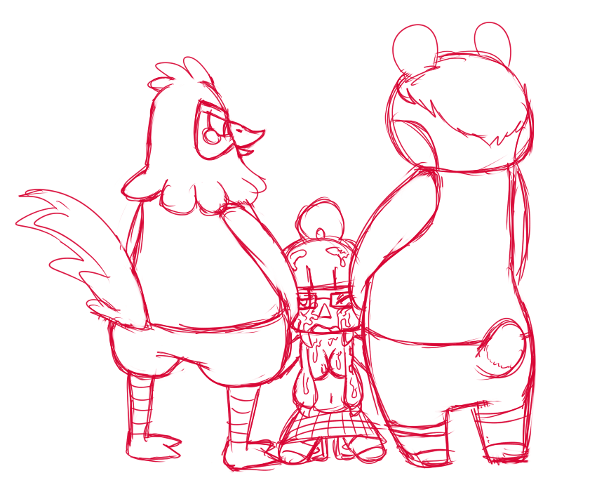 animal_crossing animal_crossing_girl anthro beak bear breasts chicken cum cum_on_breasts cum_on_face cum_on_hair female glasses group_sex ken_(animal_crossing) klaus_(animal_crossing) male male/female monochrome nintendo sex skirt straight studiotrue tail uini villager villager_(animal_crossing)