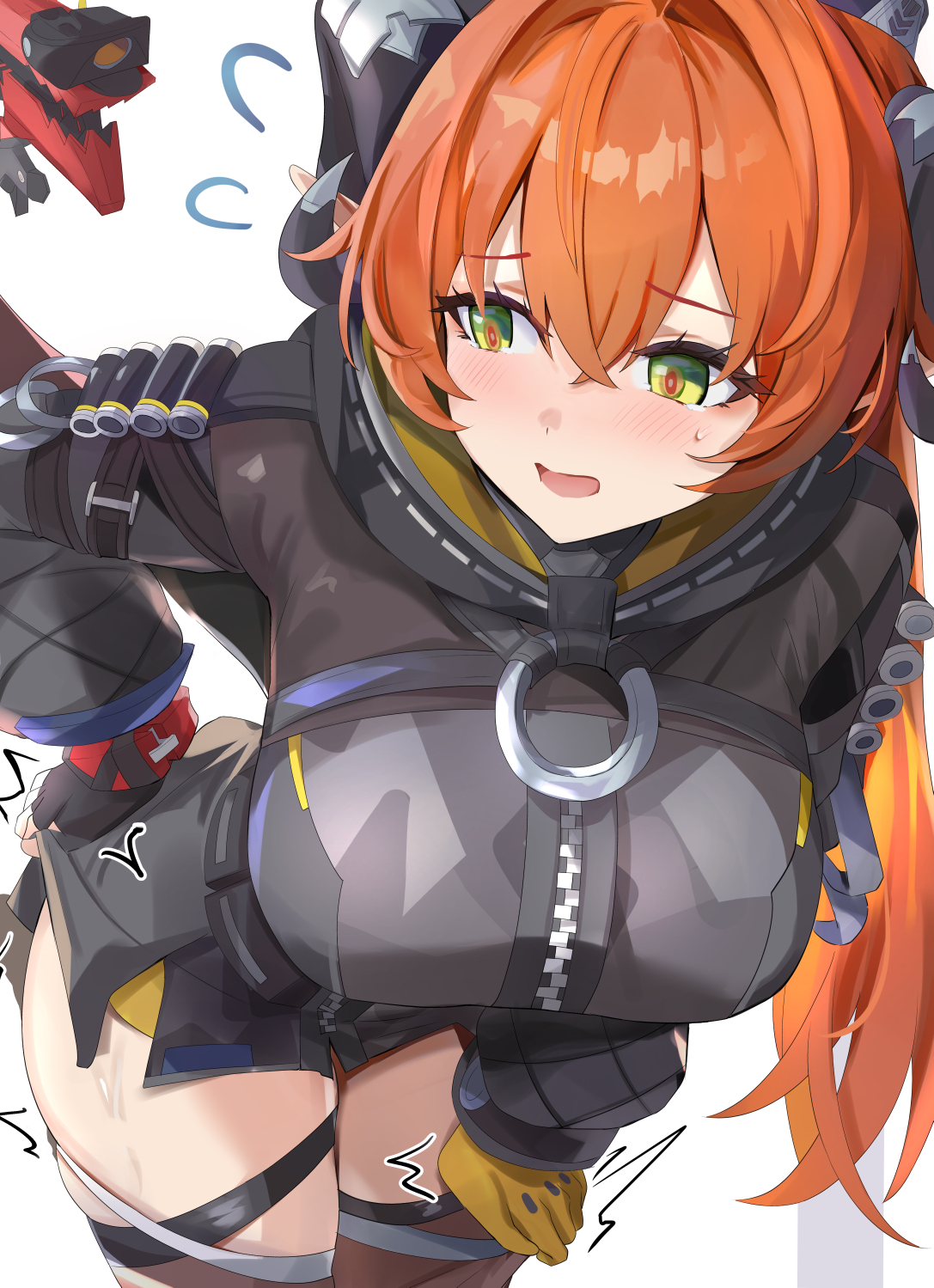 adjusting clothes, asymmetrical gloves, averting eyes, blush, dragon girl, dragon horns, dress, female, gloves, green eyes, highres, horns, leaning forward, long hair, mechanical tail, mismatched gloves, orange hair, orange pupils, orphie magnusson, pointy ears, simple background, solo, sweatdrop, tail, tomas (kaosu22), white background, yellow gloves, zenless zone zero, zipper dress