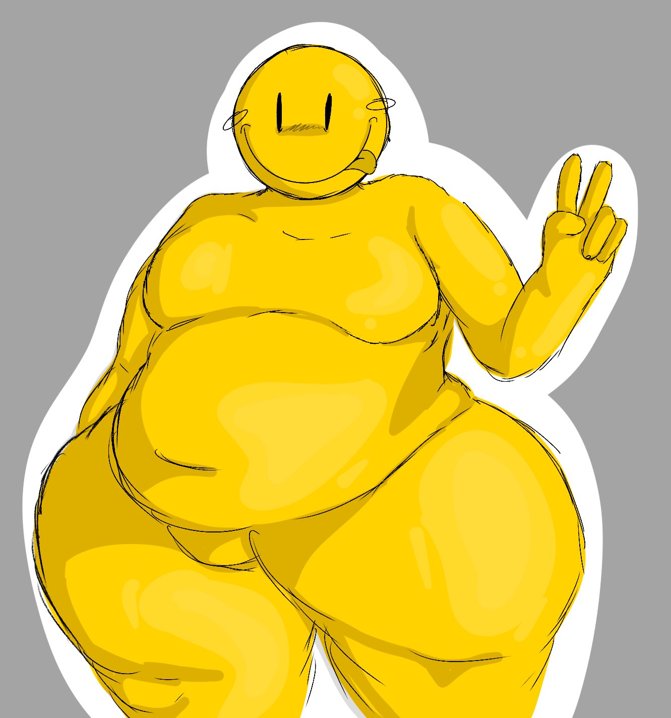 1boy, 2025, 5 fingers, anthro, biped, blush, bulge, chubby, chubby male, flat colors, giggler, glaggleland, grey background, hand behind back, humanoid, ivy arts, knees, looking at viewer, male, male only, naked, naked male, no clothes, no humans, no nipples, null bulge, peace sign, silly, silly face, smile, smiley face, smiling, solo, solo male, stewerdat, tagme, thick thighs, thighs, tongue, tongue out, yellow body