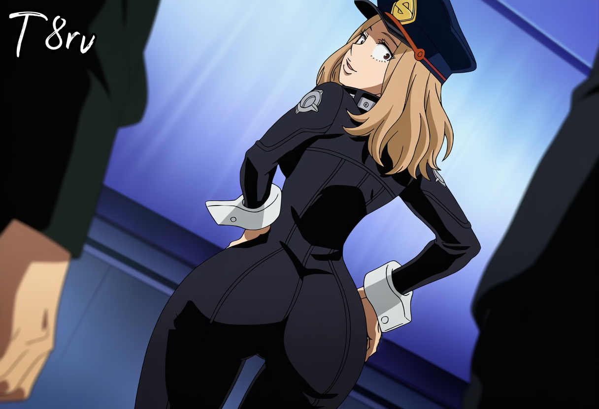 ai generated, back view, behind view, boku no hero academia, camie utsushimi, female, people in background, people watching, police uniform, policewoman, smile, smiling, t8r, voluptuous, voluptuous female