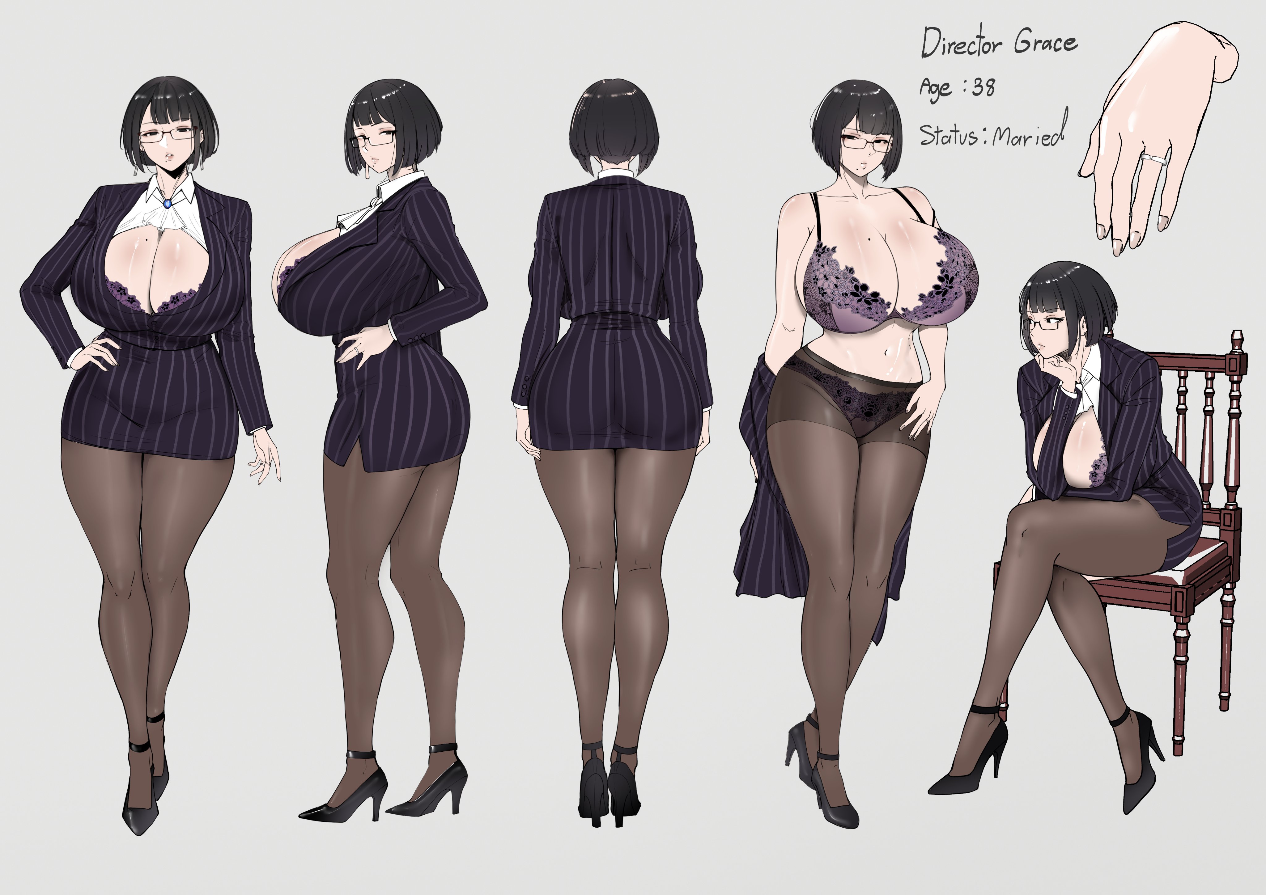 1girls, bob cut, bra, breasts, chair, coat, female, female only, glasses, heels, huge breasts, pantyhose, puzenketsu, ring, short hair, sitting, skirt, solo, text
