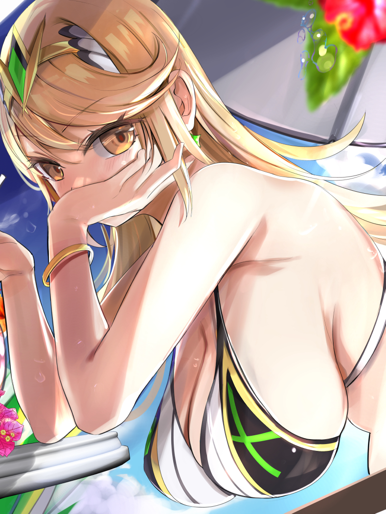 adapted costume, armpits, bare shoulders, beach umbrella, bikini, blonde hair, blue sky, bracelet, breasts, brown eyes, cleavage, day, female, from side, hanging breasts, jewelry, large breasts, leaning forward, long hair, looking at viewer, looking to the side, mythra, mythra (massive melee) (xenoblade), mythra (xenoblade), outdoors, sky, solo, swept bangs, swimsuit, table, tiara, tomas (kaosu22), umbrella, upper body, white bikini, xenoblade chronicles (series), xenoblade chronicles 2