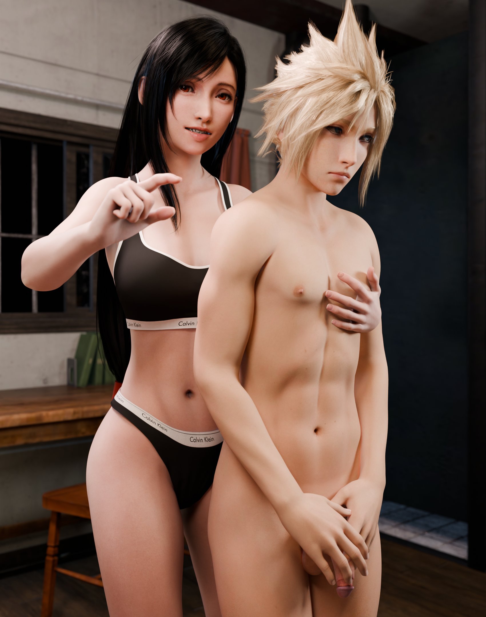 3d, blacked, blacked clothing, blonde hair, catcherrye, cloud strife, final fantasy, final fantasy vii, final fantasy vii remake, looking at viewer, male, penis, pinching gesture, queen of spades, small penis, small penis gesture, small penis humiliation, tifa lockhart