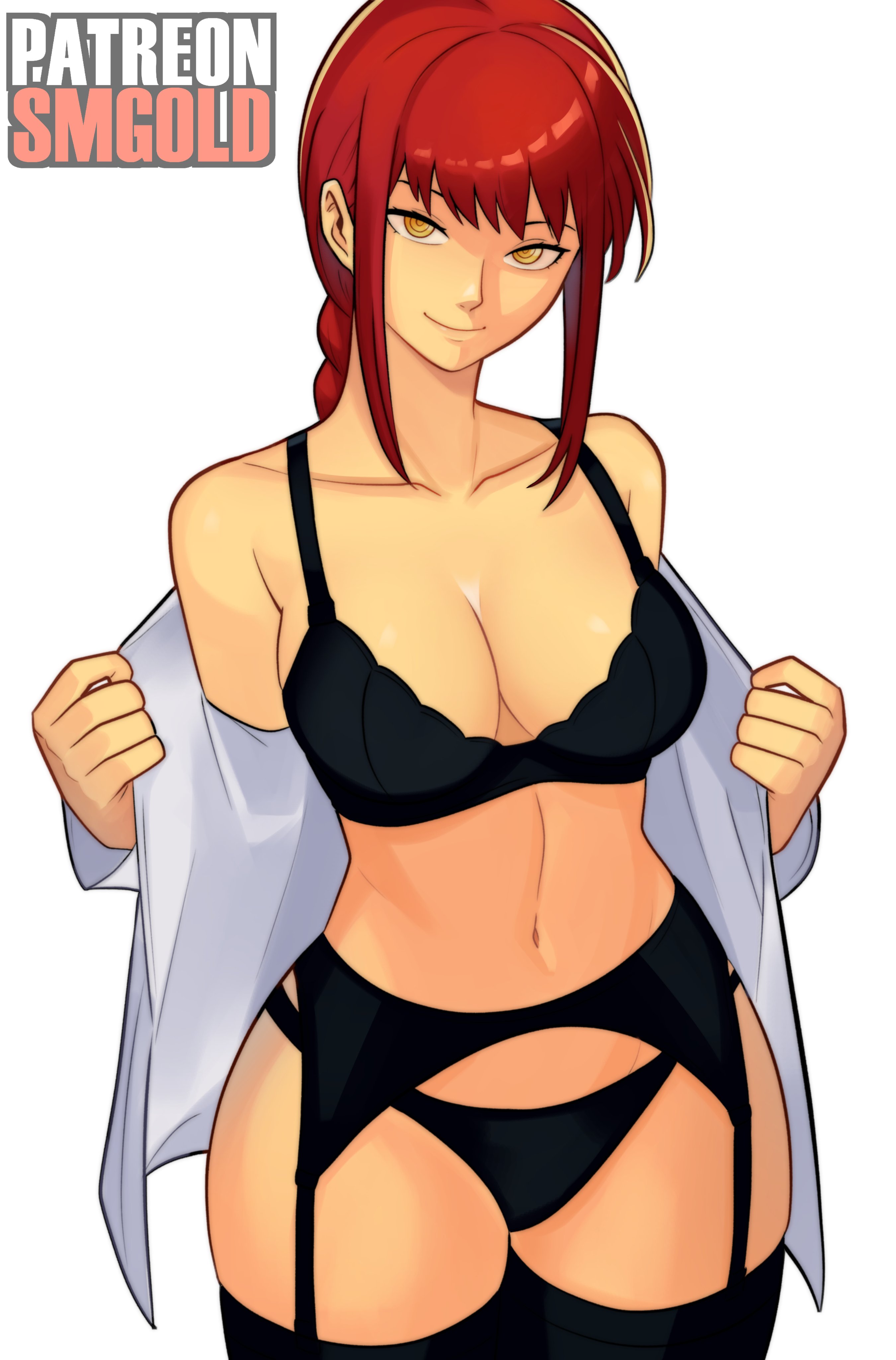 1girls, big breasts, black bra, black panties, black thighhighs, bottomwear, bra, braid, breasts, chainsaw man, cleavage, female, female only, garter belt, garter straps, hair, hips, legwear, lingerie, makima (chainsaw man), open shirt, panties, red hair, shirt, smgold, solo, solo female, thighhighs, thighs, topwear, white shirt, yellow eyes