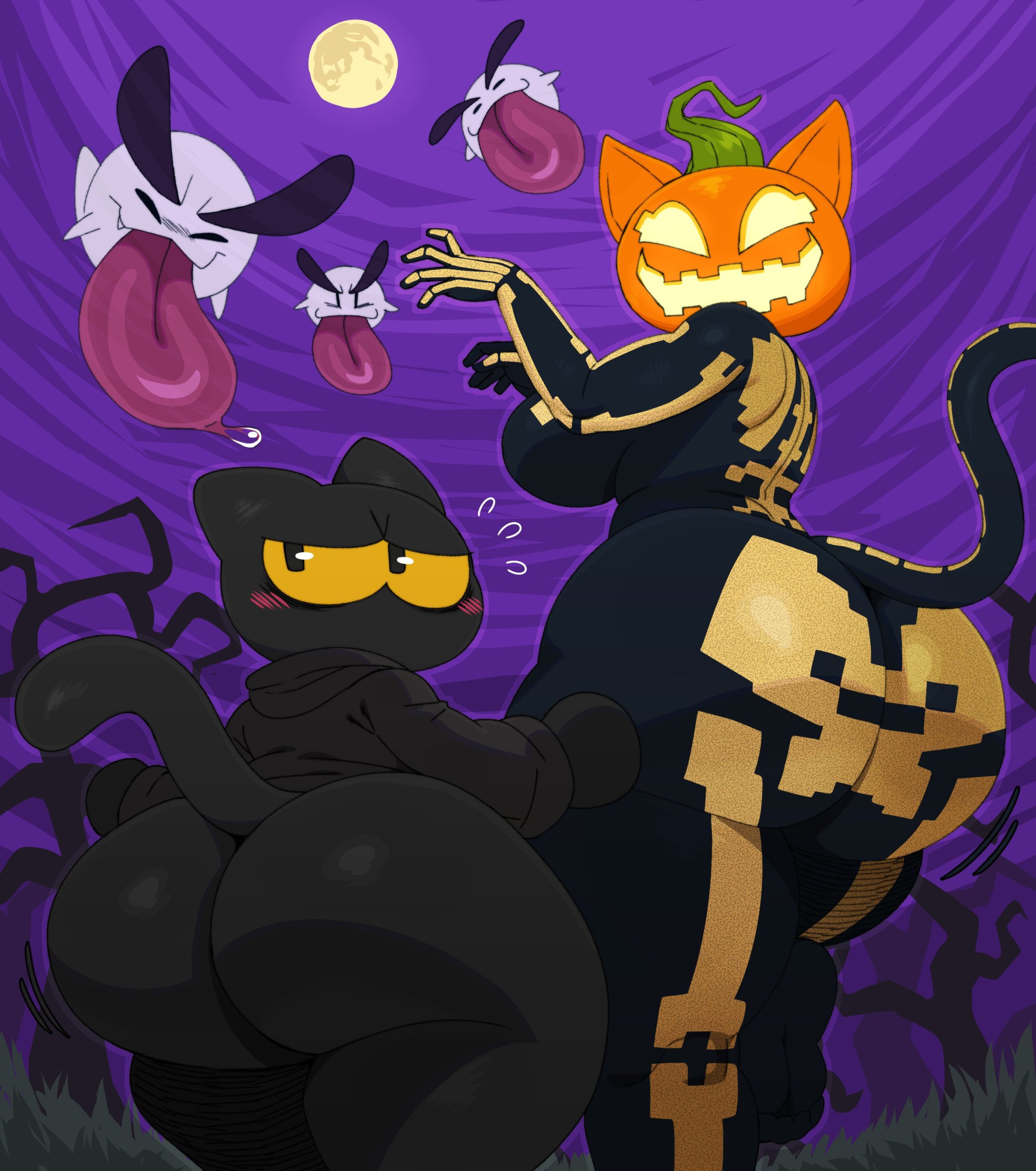 2025, 2d, 2d (artwork), 2girls, 3others, anthro, anthro only, ass, big ass, big butt, big tongue, black body, black fur, blush, cute, cute face, duo, duo focus, epic games, felid, felid humanoid, feline, feline humanoid, female, female focus, fortnite, fortnite: battle royale, fortnitemares, ghost, google, halloween, hi res, high resolution, highres, huge ass, huge butt, huge tongue, long tongue, magic cat academy, momo (google), object head, pumpkin, pumpkin head, smile, smiling, spice (fortnite), sssonic2, tagme, tail, tongue, tongue out, video game character, video games, yellow sclera
