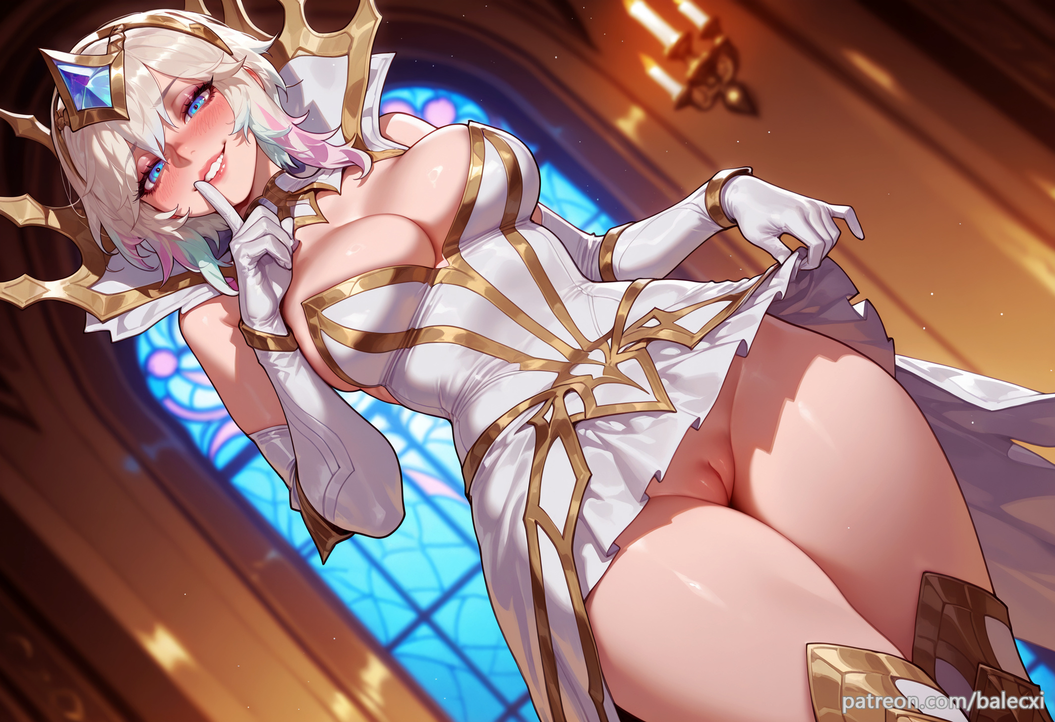 ai generated, balecxi, blue eyes, blush, breasts, cleavage, clothes lift, elementalist lux, female, finger to mouth, grin, indoors, large breasts, league of legends, looking at viewer, luxanna crownguard, multicolored hair, patreon username, pussy, skirt, smile, solo, uncensored, white gloves