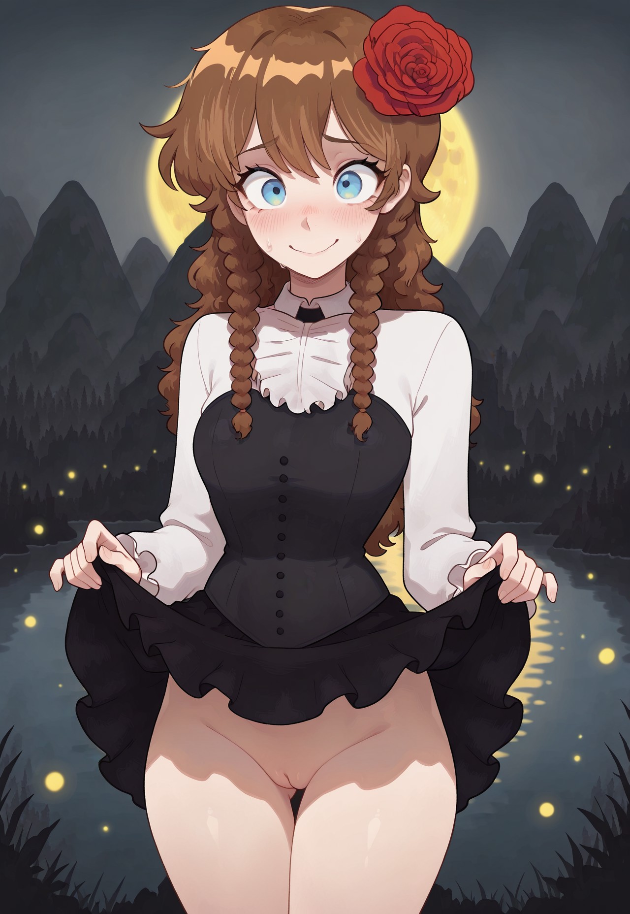 1girls, ai generated, bangs, black dress, black skirt, blue eyes, blush, braid, braided hair, breasts, brown hair, civitai, clothes lift, double life smp, dress, embarrassed, embarrassed female, female, female only, fireflies, flower, flower in hair, hair ornament, hermit gals, hermitcraft, lake, last life smp, life series, life smp, lifted by self, limited life, long hair, long sleeves, looking at viewer, mcyt, medium breasts, minecraft, minecraft youtubers, moon, nervous, nervous smile, nervous sweat, night, no, outdoors, panties, past life, pearlescentmoon, pussy, secret life, shirt, simple life, skirt, skirt lift, smile, solo, solo female, standing, thigh gap, third life, twin braids, twitch, twitch streamer, twitch.tv, twitter, twitter username, vagina, vampires smp, white shirt, wild life, youtube, youtuber, youtubers
