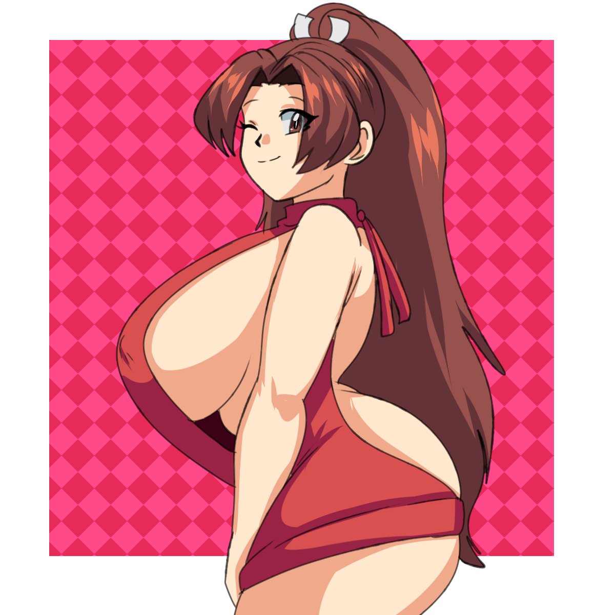 1girls, 2025, ass, big ass, big breasts, breasts, brown eyes, brown hair, busty, clothed, clothed female, clothing, cowboy shot, curvaceous, curvy, fatal fury, female, fully clothed, hair, hourglass figure, huge breasts, human, king of fighters, large ass, large breasts, light skin, light-skinned female, long hair, looking at viewer, lueduar, lueduartv, mai shiranui, nipple bulge, no bra, no panties, one eye closed, ponytail, red clothing, side view, skindentation, smile, smiling, smiling at viewer, solo, standing, sweater dress, thick thighs, thighs, very long hair, virgin killer sweater, wide hips, wink, winking at viewer