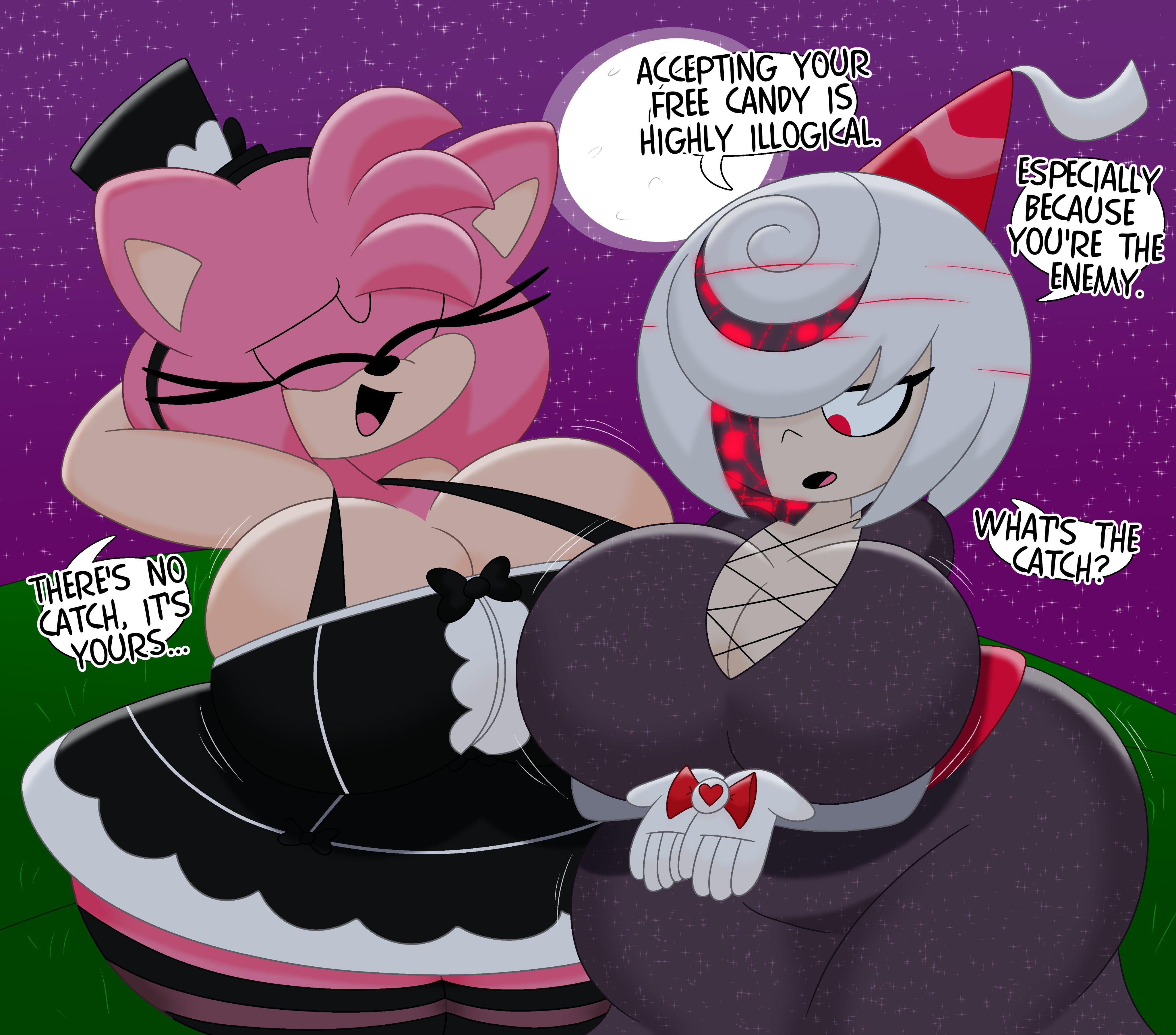 2girls, 3barts, alternate breast size, amy rose, big breasts, breasts, english text, female, female only, halloween, halloween costume, hyper breasts, multiple girls, sage (sonic frontiers), sonic (series), sonic frontiers, text, wide hips
