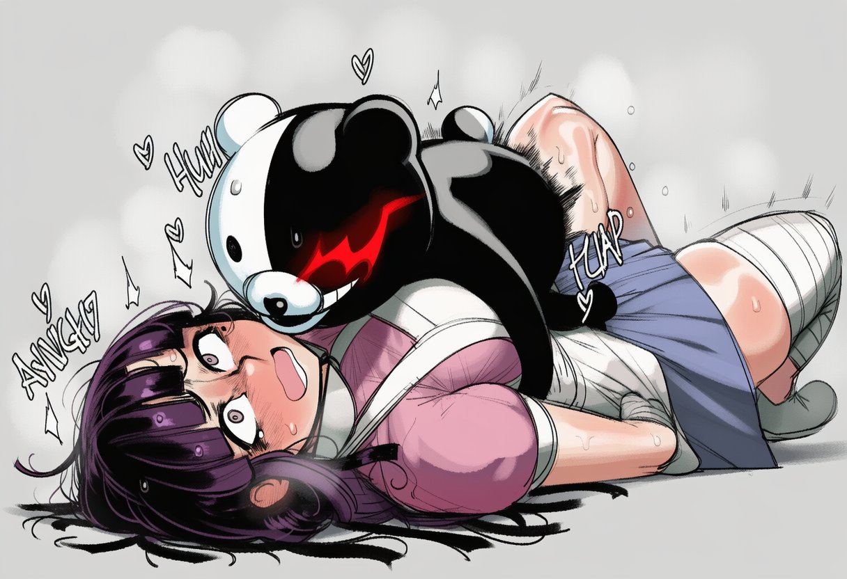 ai generated, artist request, balls, danganronpa, danganronpa 2: goodbye despair, embarrassed, embarrassed female, heart, heart symbol, huge ass, huge balls, huge cock, humping, humping belly, laying down, laying on back, monokuma, multicolored body, multicolored penis, penis, purple eyes, purple hair, pussy, robot, robot on human, robot sex, schoolgirl, small dom big sub, tsumiki mikan