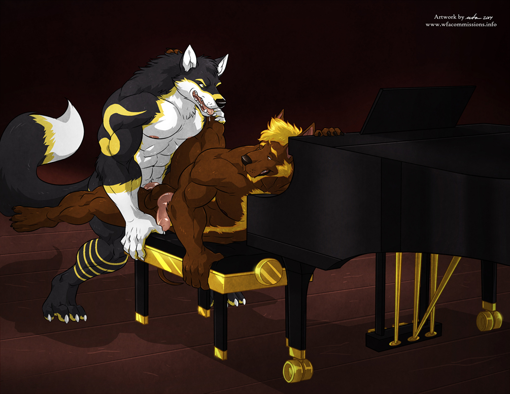 abs anal anal_sex anthro ass balls black_fur blonde_hair body_hair brown_fur canine chest_hair clefwolf duke_rocheister duo erection fur great_dane hair looking_back male mammal markings multicolored_fur muscular musical_instrument nude pecs penetration penis piano sex simple_background stomach_hair teeth tongue wfa white_fur wolf yaoi yellow_fur yellow_markings