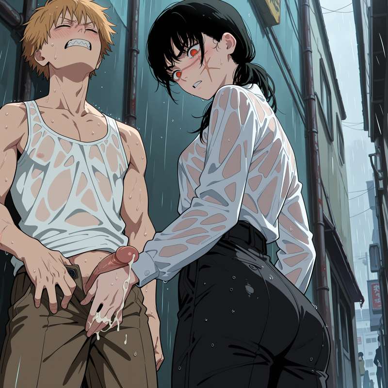 1boy, 1girls, ai generated, black hair, blonde hair, canonical scene, chainsaw man, denji (chainsaw man), female, hair, male, medium hair, phibsai, short hair, yoru (chainsaw man)