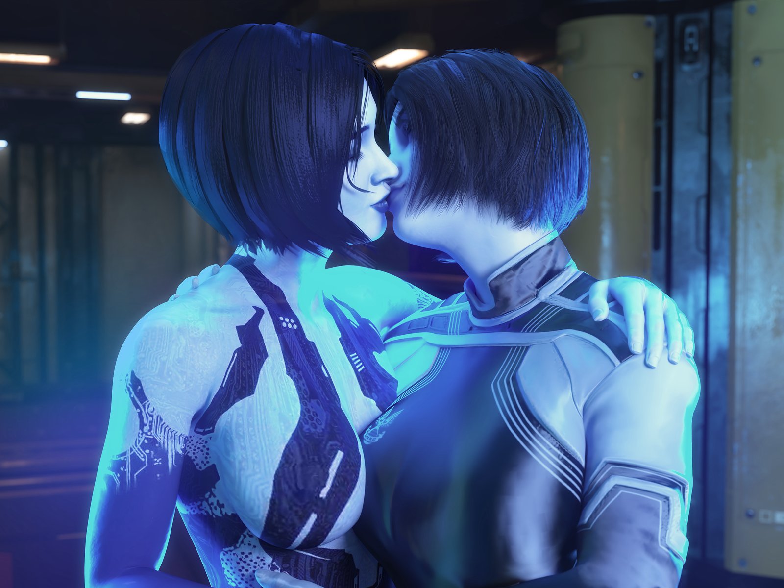 2girls, 343 industries, 3d, ai character, arm around neck, arm around partner, arm around shoulders, artificial intelligence, barbie doll anatomy, big ass, big breasts, big thighs, blue body, blue eyes, blue hair, blue lips, blue lipstick, blue skin, blue-skinned female, breasts, bungie, bust, busty, circuit markings, clothed female, cortana, curvaceous, curvy, curvy figure, female, halo (game), halo (series), halo 4, halo infinite, hand on shoulder, hips, huge ass, huge breasts, huge thighs, joyeuse, kiss, kissing, large ass, large breasts, large thighs, lesbian, mature, mature female, microsoft, nude female, selfcest, slim waist, standing, standing at attention, technical selfcest, the weapon (halo infinite), thick, thick hips, thick legs, thick thighs, thighs, two-tone body, voluptuous, waist, wide hips, wide thighs, word2, xbox game studios, yuri
