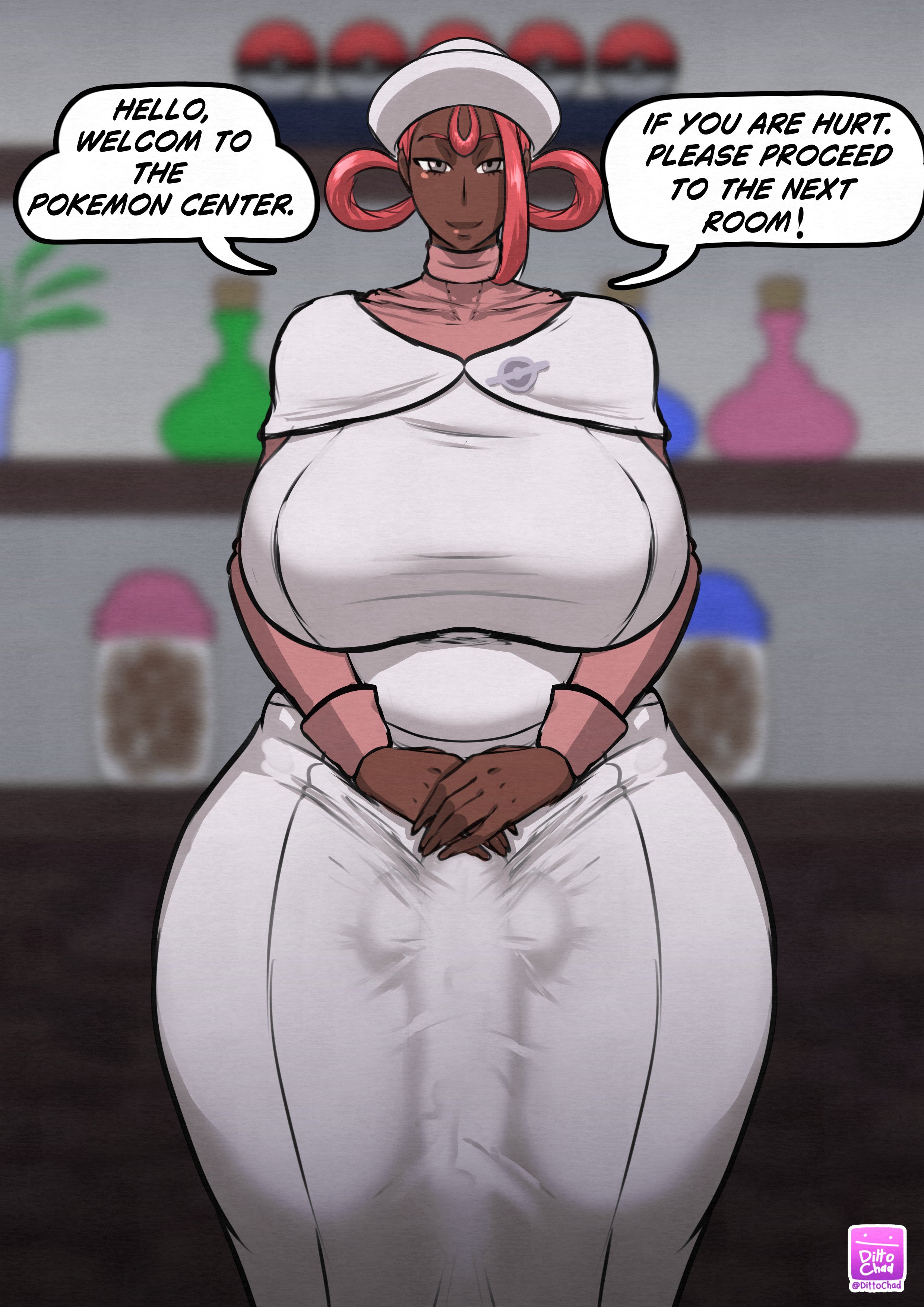 1futa, balls, big balls, big penis, breasts, bulge, dark skin, dark-skinned futa, dialogue, dittochad, english text, fully clothed, futa only, futanari, grey eyes, hat, huge breasts, huge cock, human, intersex, nurse joy, penis, pokemon, red hair, solo, solo focus, solo futa, standing, text, thick thighs, tight clothing, venus futa, voluptuous futa, wide hips