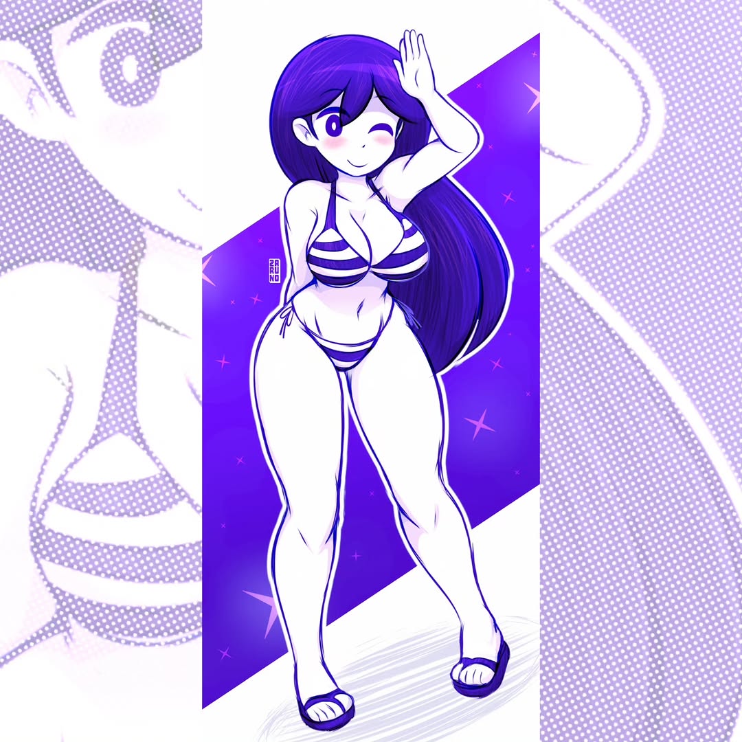 big breasts, bikini, black hair, fat ass, female, long hair, mari (headspace) (omori), mari (omori), omori, one eye closed, sandals, solo, source request, thick thighs, tropzaruno, zaruno