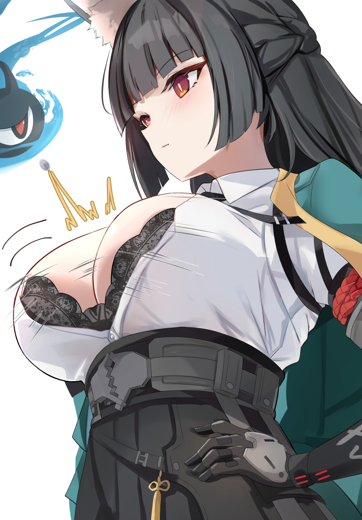 1girls, animal ears, black gloves, black hair, black skirt, blunt bangs, blush, breasts, closed mouth, cowboy shot, female, fox ears, fox girl, gloves, green jacket, hand on own hip, high-waist skirt, hoshimi miyabi, jacket, large breasts, long hair, looking ahead, red eyes, shirt, sidelocks, simple background, skirt, tomas (kaosu22), white background, white shirt, zenless zone zero