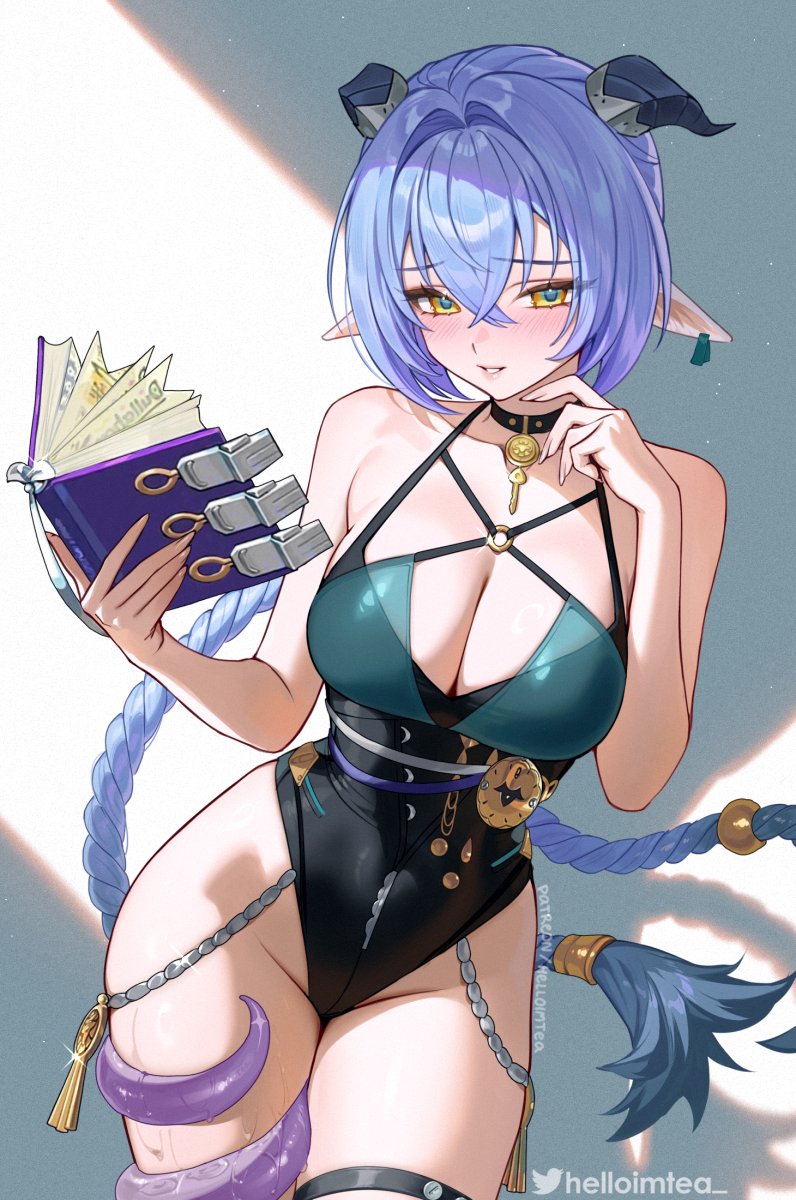 bare shoulders, black choker, black leotard, blue pupils, book, braid, breasts, choker, cleavage, collarbone, commentary, female, fingernails, groin, hair between eyes, hair intakes, hand up, helloimtea, highleg, highleg leotard, highres, holding, holding book, horns, large breasts, leotard, long hair, lucia elowen, paid reward available, parted lips, pointy ears, purple hair, skindentation, smile, solo, tail, tail wrap, thighs, twitter username, very long hair, wet, yellow eyes, zenless zone zero