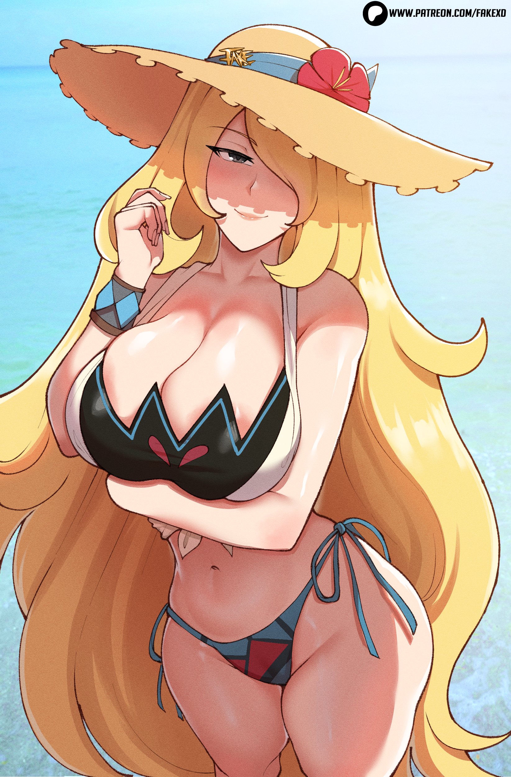 1girls, blonde hair, blonde-haired female, breasts, cleavage, cynthia (pokemon), cynthia (summer 2025) (pokemon masters), fake (artist), female, female only, game freak, hair over one eye, hat, huge breasts, light skin, light-skinned female, looking at viewer, lord socar, pokemon, pokemon dppt, pokemon masters, solo, solo female, sun hat, swimsuit, very long hair, wide hips